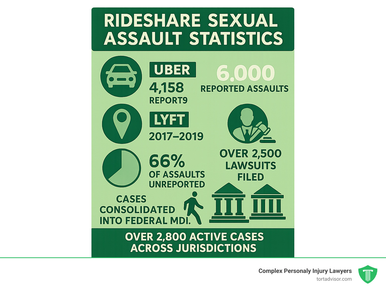 Infographic showing rideshare sexual assault statistics including Uber's 6,000 reported assaults in 2017-2018, Lyft's 4,158 reports from 2017-2019, over 2,500 lawsuits filed, 66% of assaults going unreported, and the consolidation of cases into federal MDL with over 2,800 active cases across jurisdictions - uber sex assault rideshare sex assault, rideshare lawsui, lyft sex assault infographic 