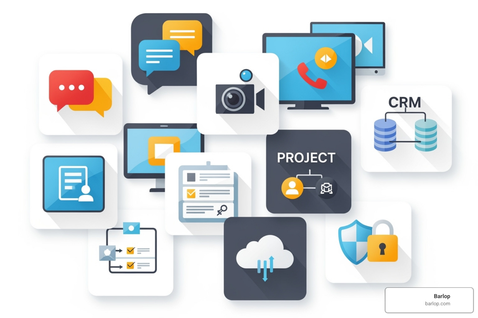 collage showing icons representing different software categories (chat, video, CRM) - company communication software