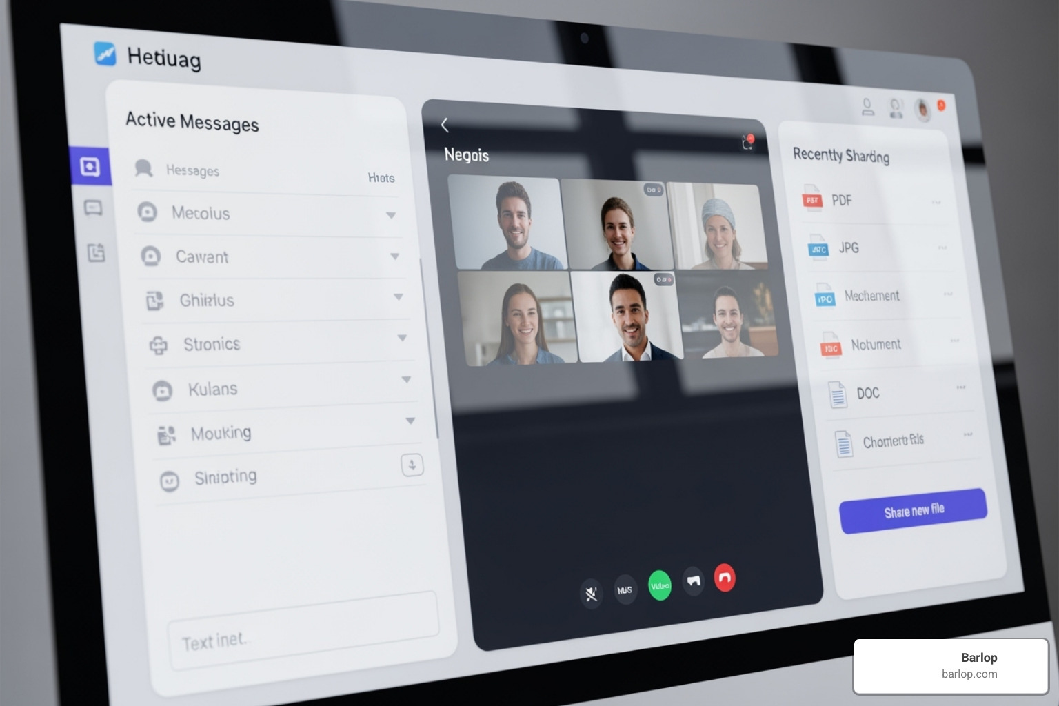 software dashboard highlighting multiple features like chat, video, and file sharing - company communication software