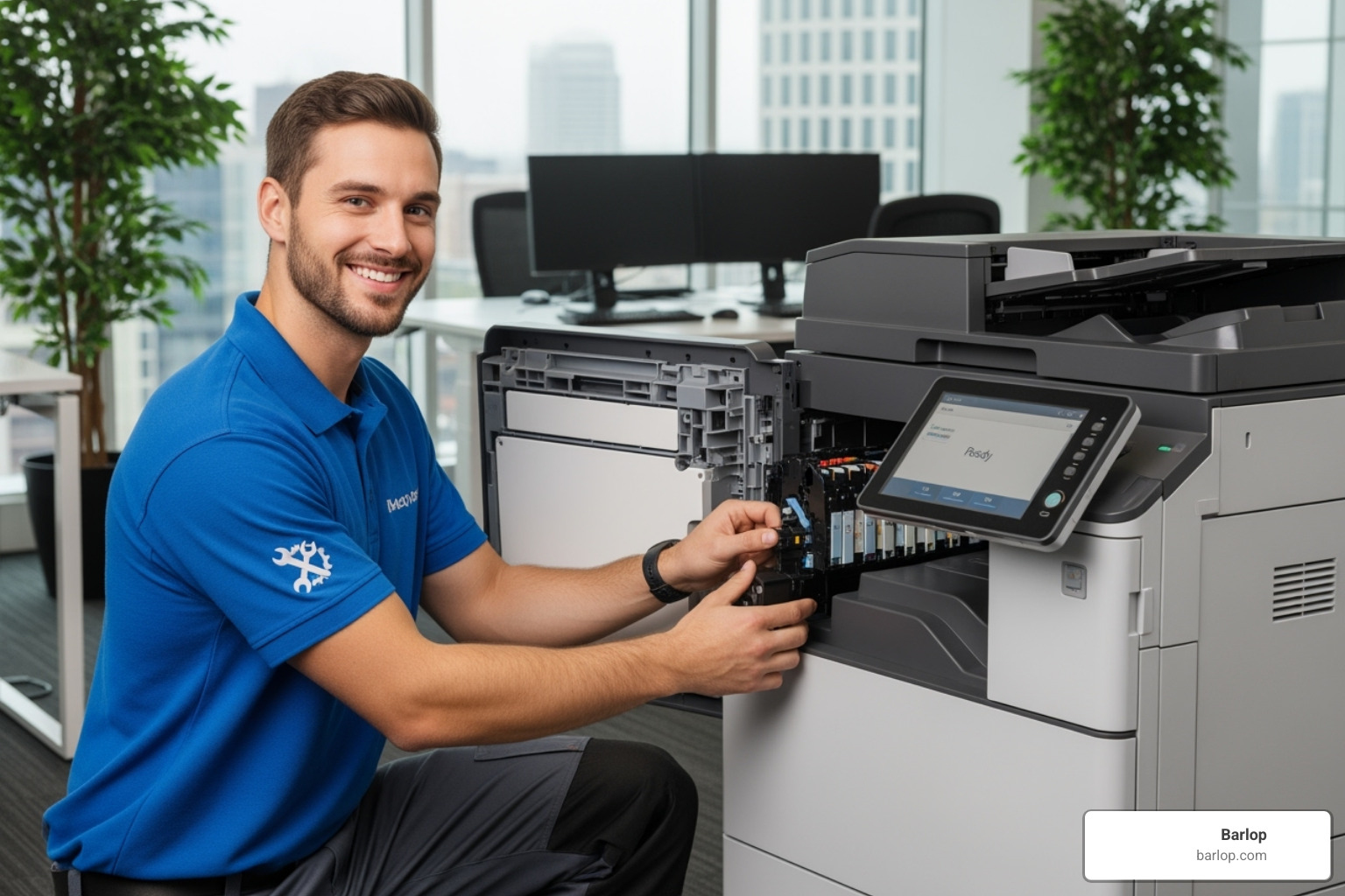 friendly technician servicing office printer - rent multifunction printer