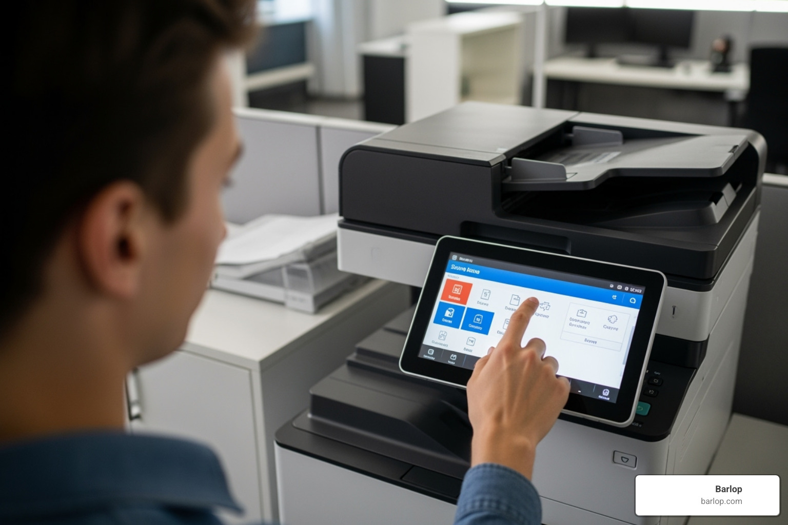 user interacting with MFP touchscreen - rent multifunction printer