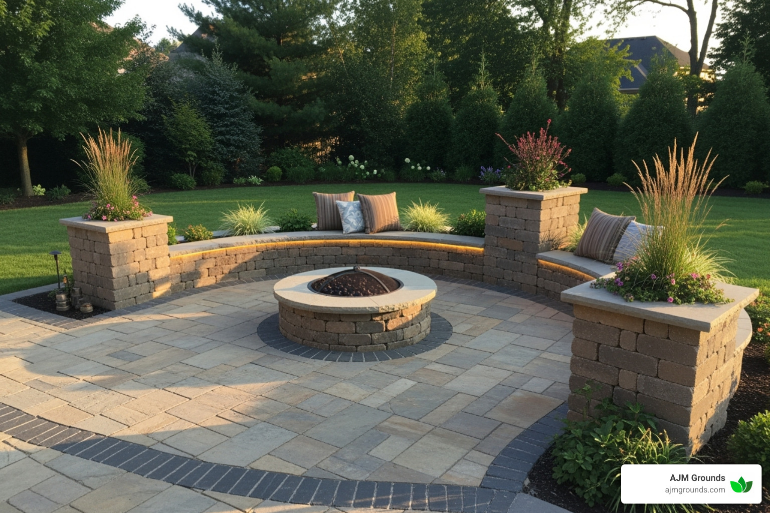 Custom stone patio featuring a built-in fire pit, curved stone seating wall, and integrated lighting - Custom stone patios