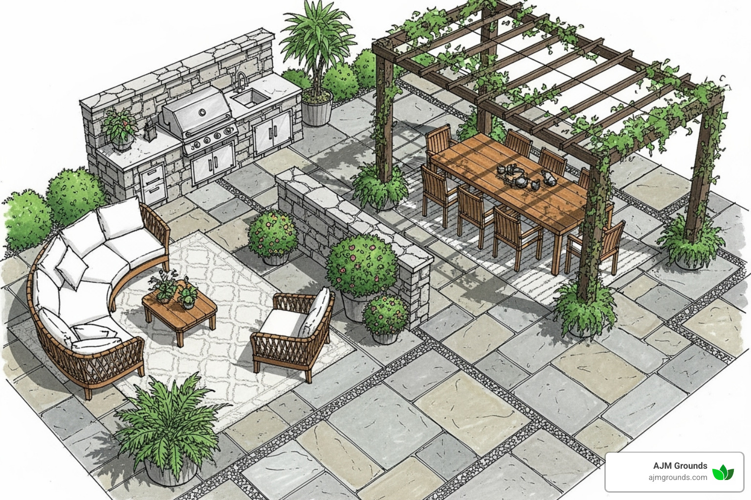 Detailed sketch of a patio design with dining, lounging, and outdoor kitchen areas - Custom stone patios