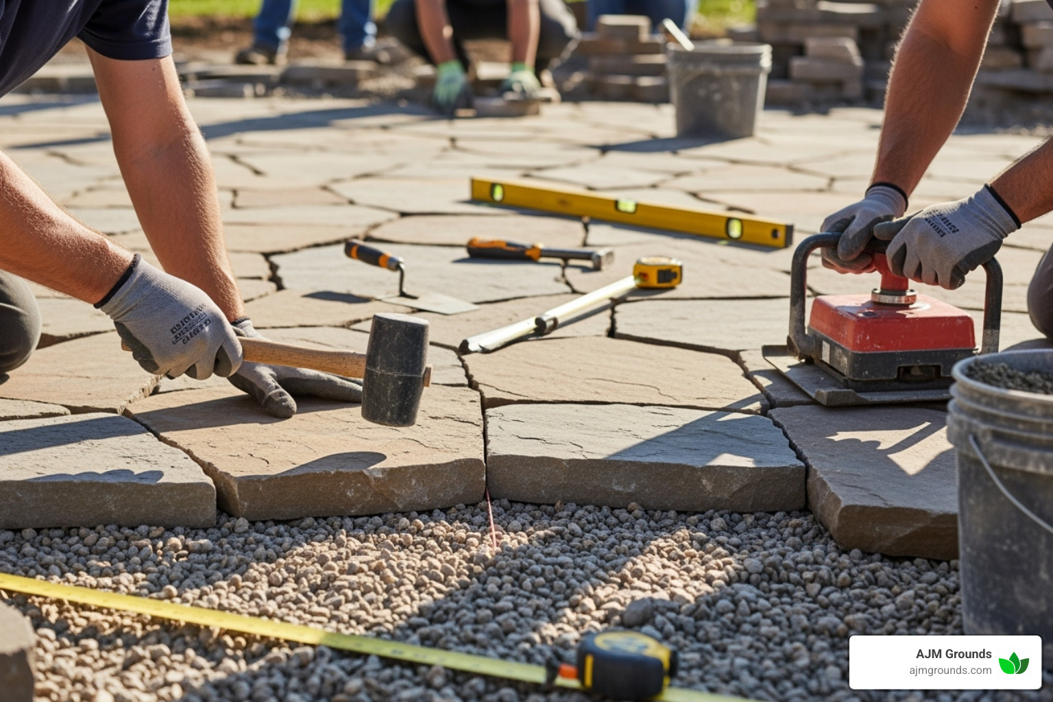 Professional crew carefully laying flagstone pavers on a prepared gravel base - Custom stone patios