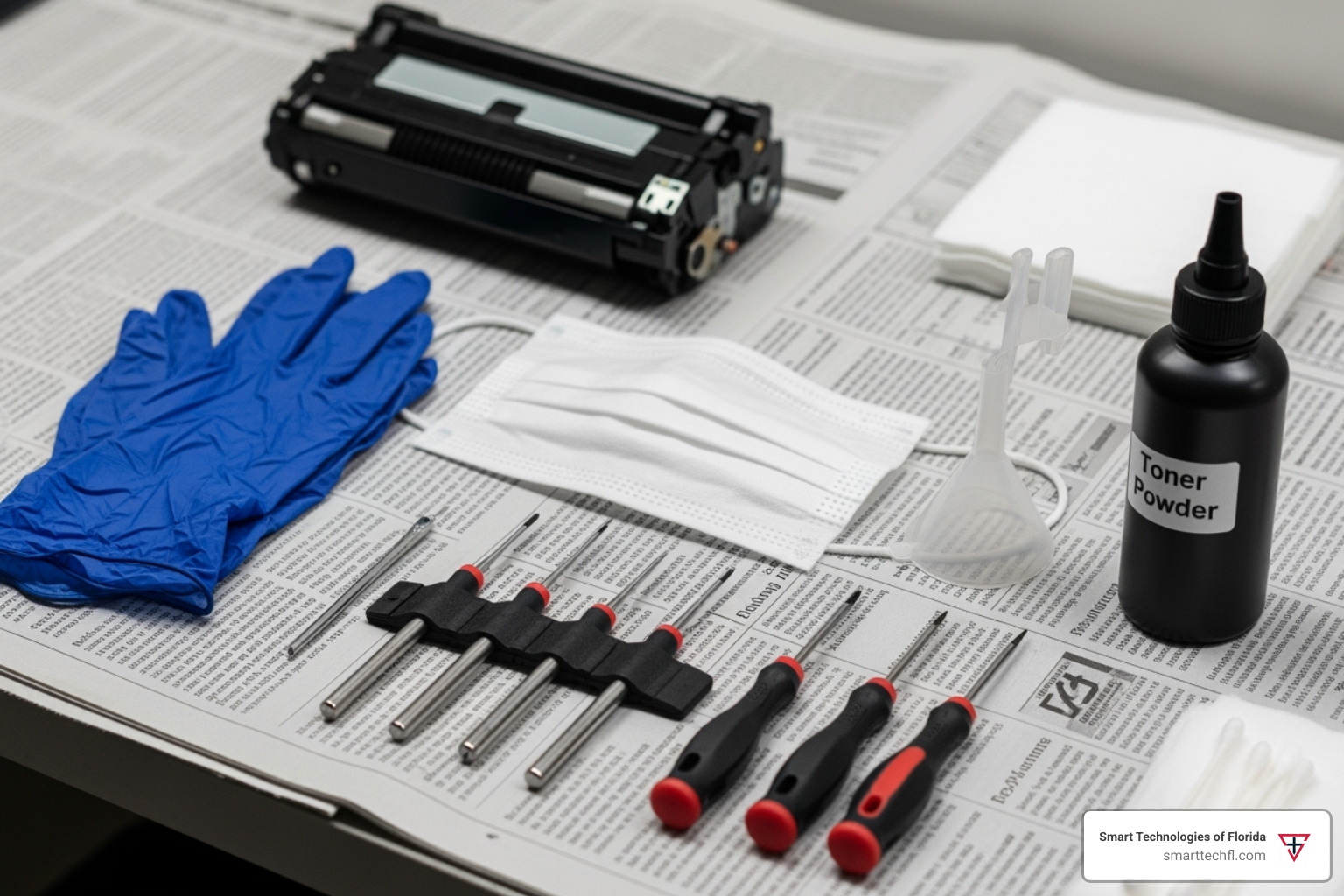 Image of a prepared workspace with newspaper and tools - how to refill laser printer cartridge brother