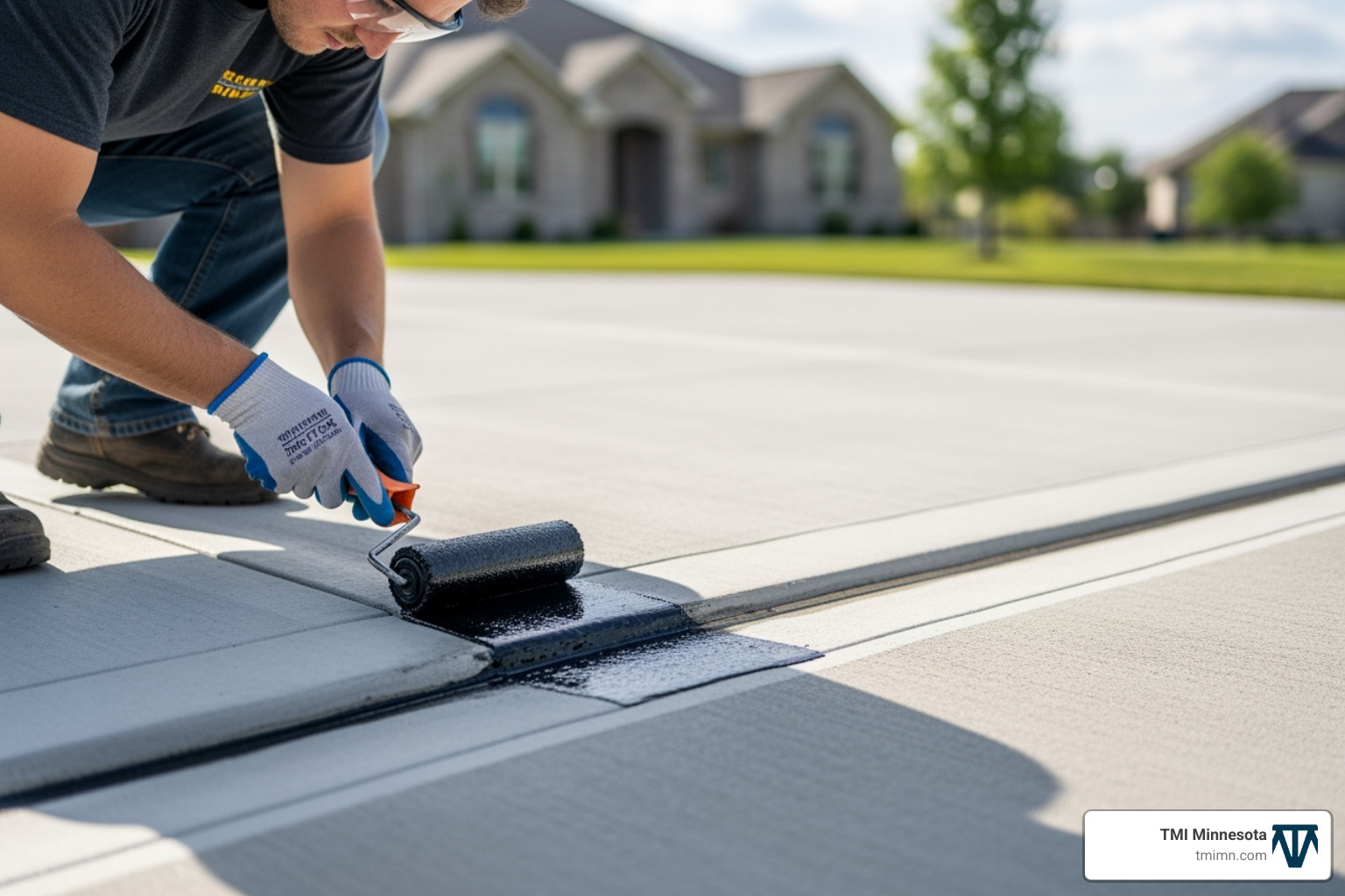 A person sealing a concrete driveway border with a roller, wearing protective gloves and glasses - concrete driveway borders A person sealing a concrete driveway border with a roller, wearing protective gloves and glasses - concrete driveway borders