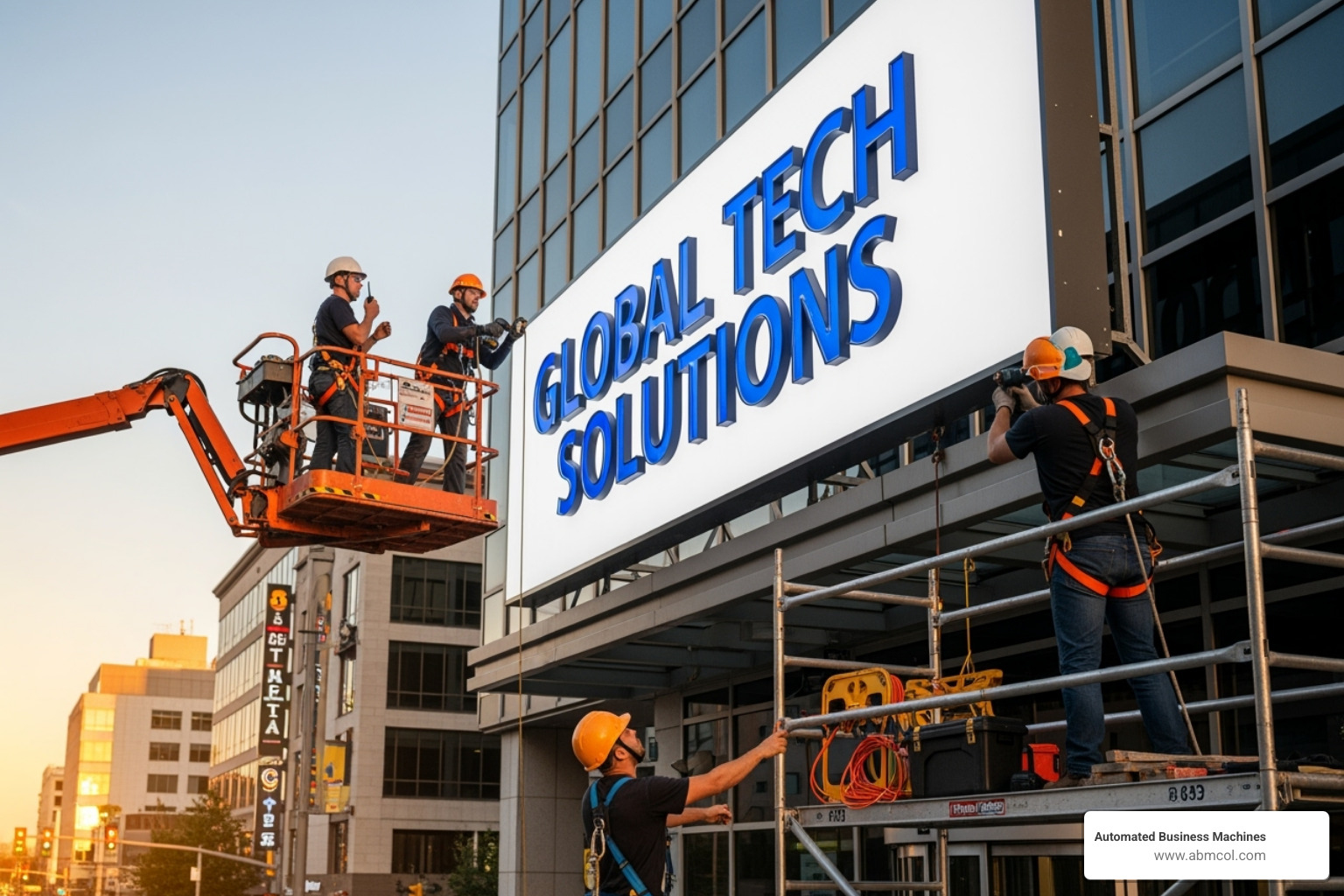 A team of skilled technicians carefully installing a large, illuminated commercial sign onto the facade of a building, demonstrating the precision and effort involved in the installation process - Commercial signage Savannah GA A team of skilled technicians carefully installing a large, illuminated commercial sign onto the facade of a building, demonstrating the precision and effort involved in the installation process - Commercial signage Savannah GA