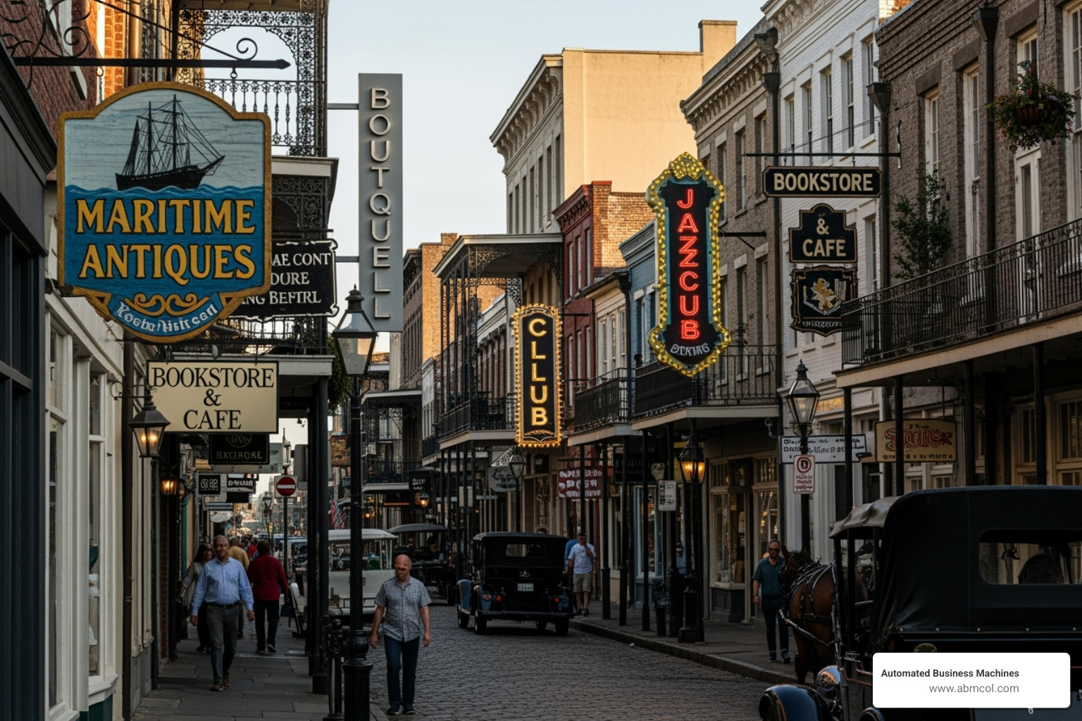 A busy Savannah street scene with various well-designed business signs, showcasing different styles and types of commercial signage - Commercial signage Savannah GA A busy Savannah street scene with various well-designed business signs, showcasing different styles and types of commercial signage - Commercial signage Savannah GA