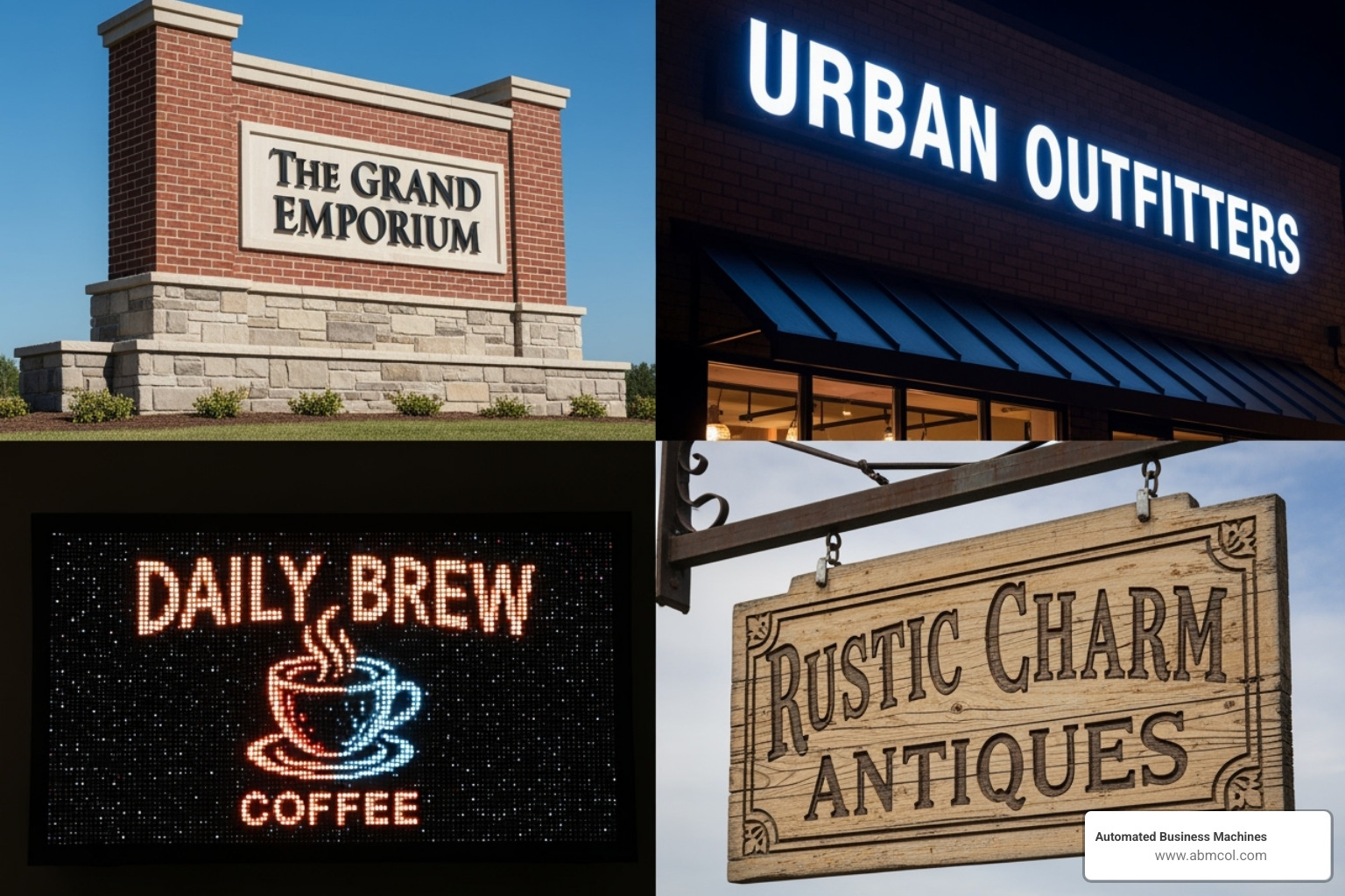 A detailed collage of various commercial sign types, including a classic monument sign, illuminated channel letters on a building facade, a vibrant digital LED display, and a traditional sandblasted wooden sign, all showcasing different materials and designs - Commercial signage Savannah GA A detailed collage of various commercial sign types, including a classic monument sign, illuminated channel letters on a building facade, a vibrant digital LED display, and a traditional sandblasted wooden sign, all showcasing different materials and designs - Commercial signage Savannah GA