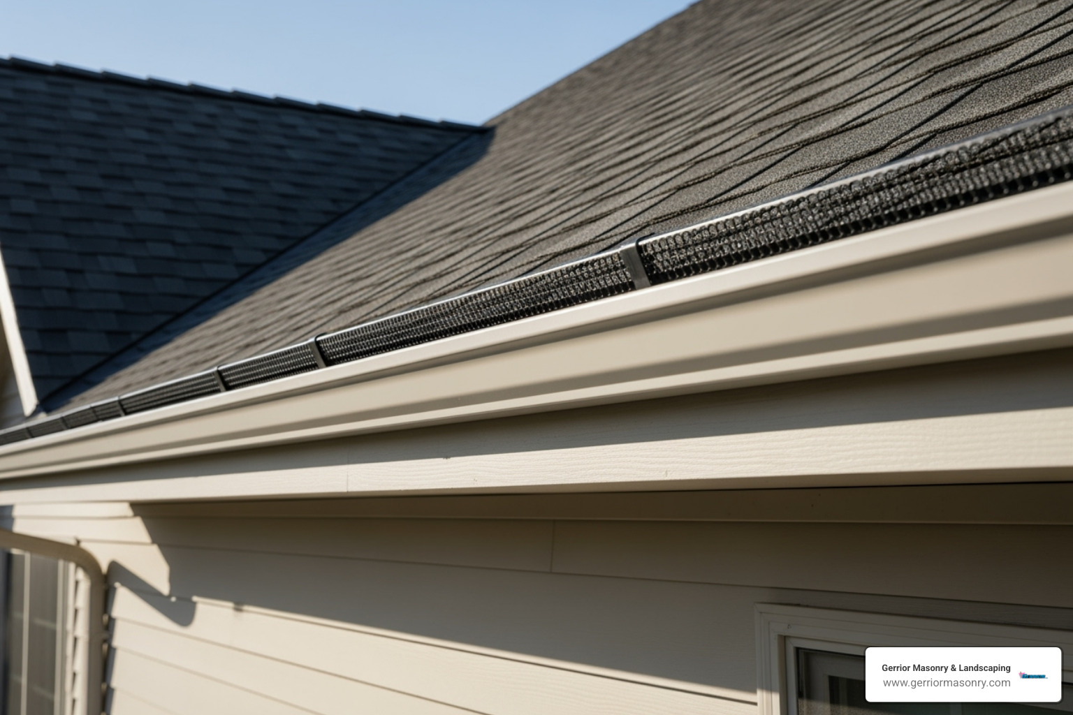 clean gutter with a leaf guard installed - dry well for lawn drainage