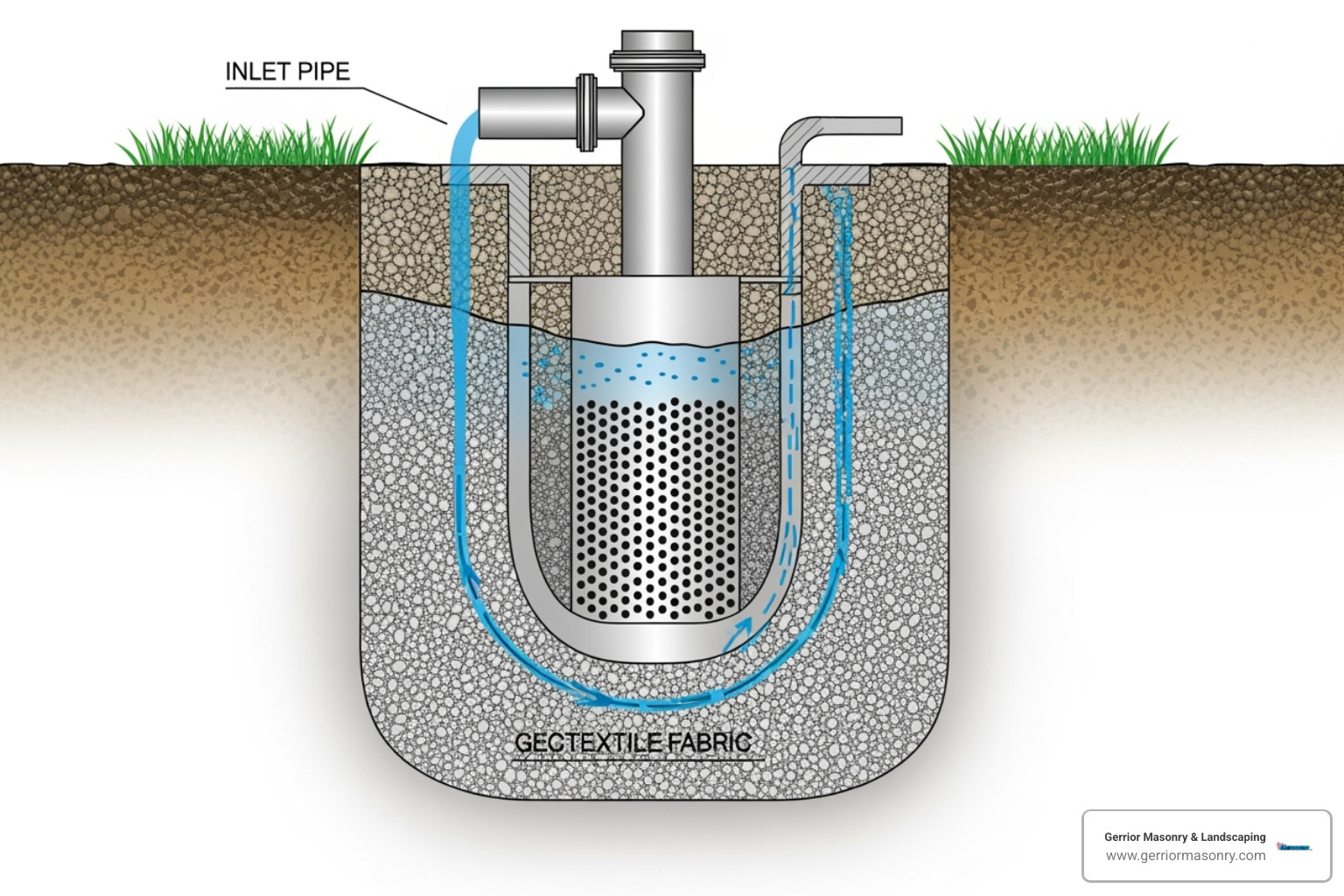 cross-section diagram of a dry well system - dry well for lawn drainage