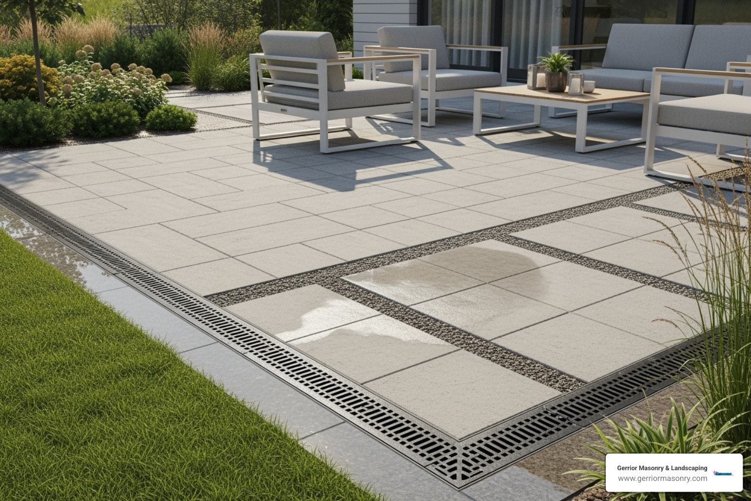 professionally installed Gerrior Masonry & Landscaping drainage solution integrated into a hardscaped patio - dry well for lawn drainage