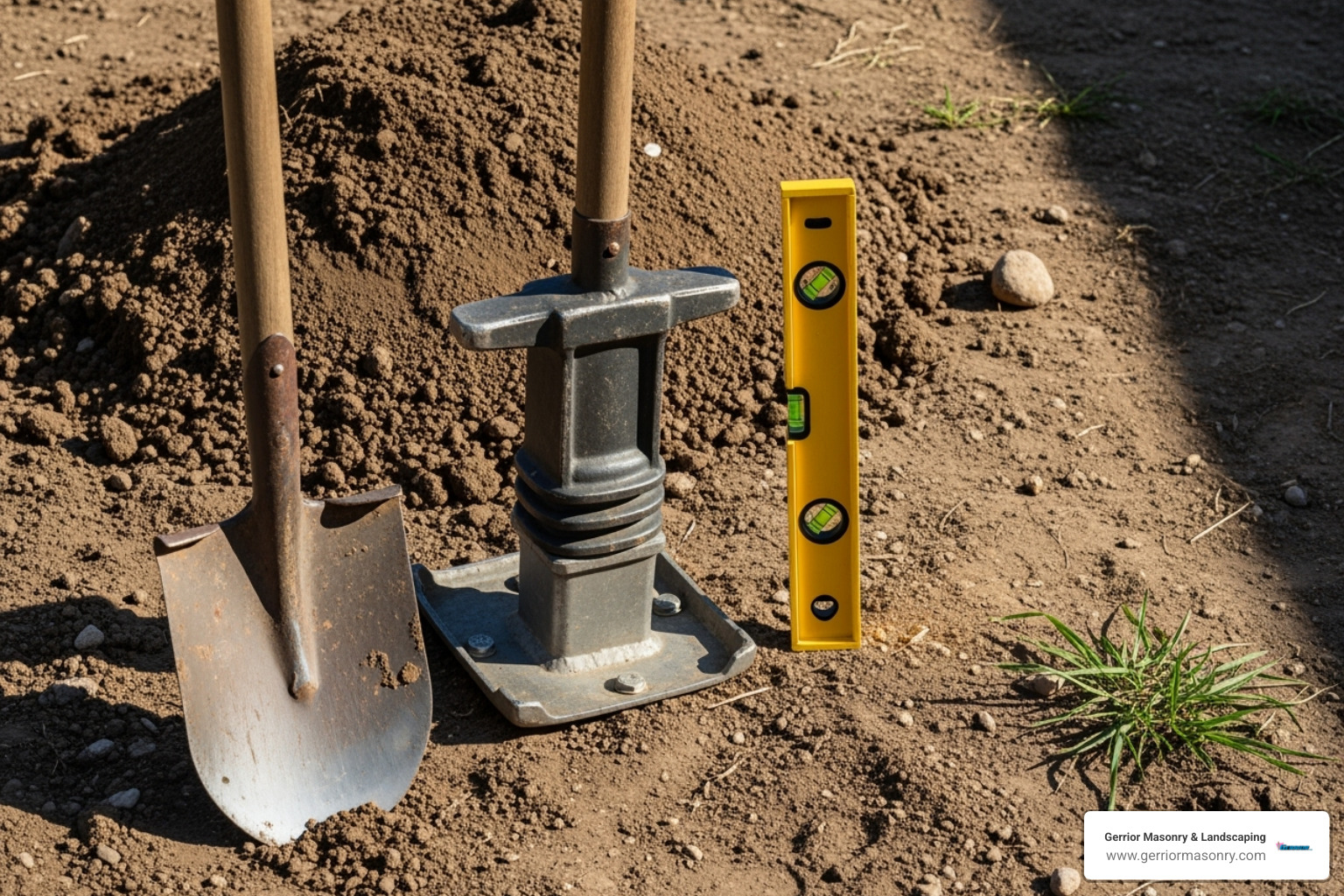 tools needed for dry well installation like a shovel, tamper, and level - dry well for lawn drainage
