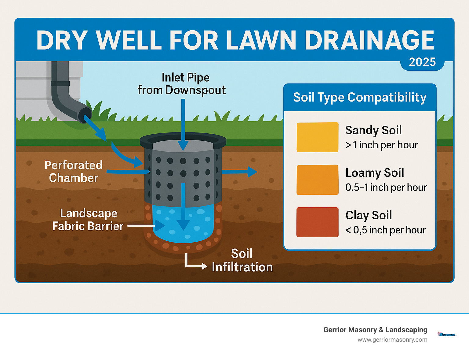 Comprehensive infographic showing a cross-section view of a dry well system with labeled components including inlet pipe from downspout, perforated chamber surrounded by gravel, landscape fabric barrier, and arrows showing water flow from collection to soil infiltration, plus soil type compatibility chart showing drainage rates - dry well for lawn drainage infographic 