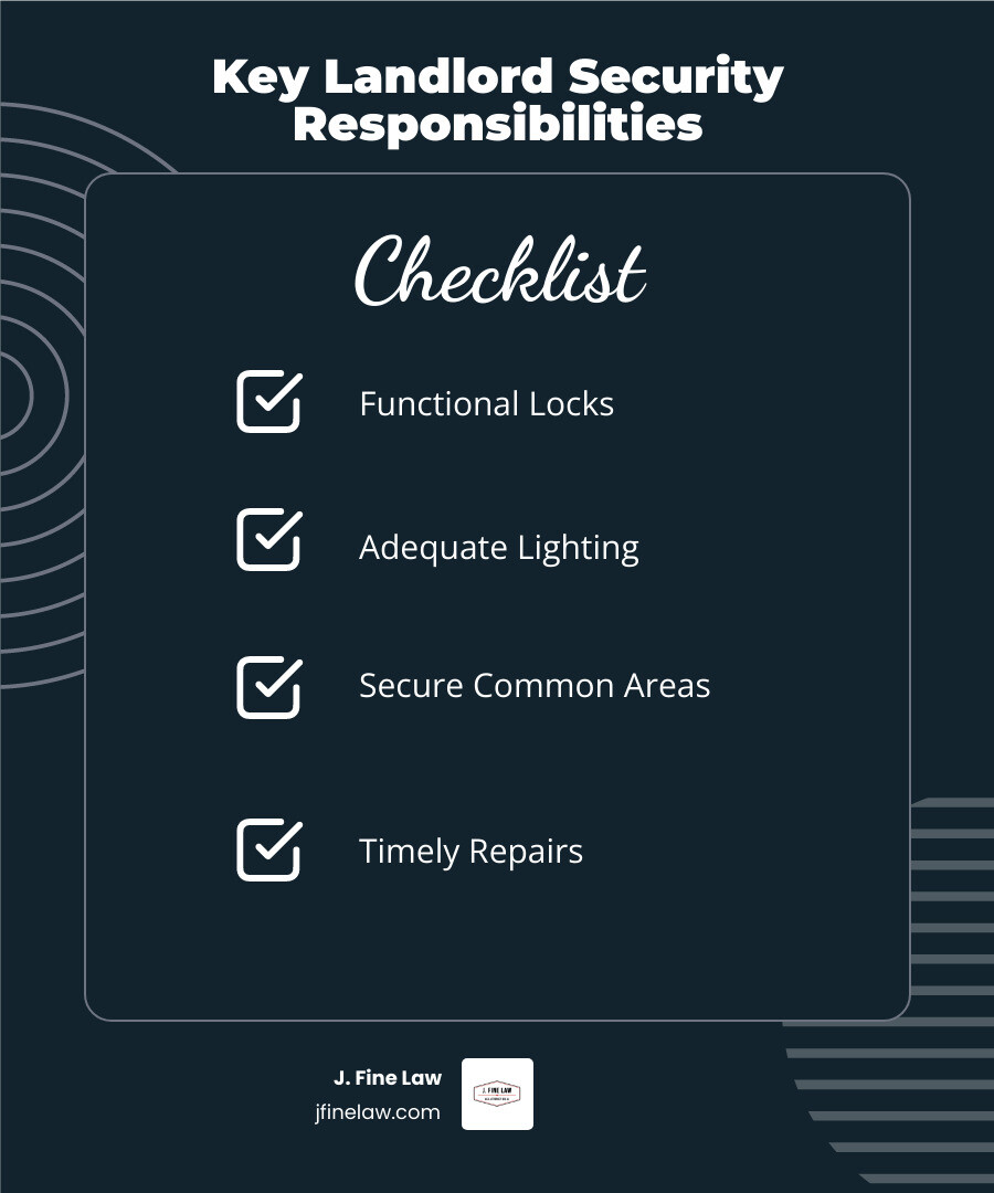 Infographic showing four pillars of landlord security: functional locks, adequate lighting, secure common areas, and timely repairs - landlord responsibility security infographic checklist-dark-blue
