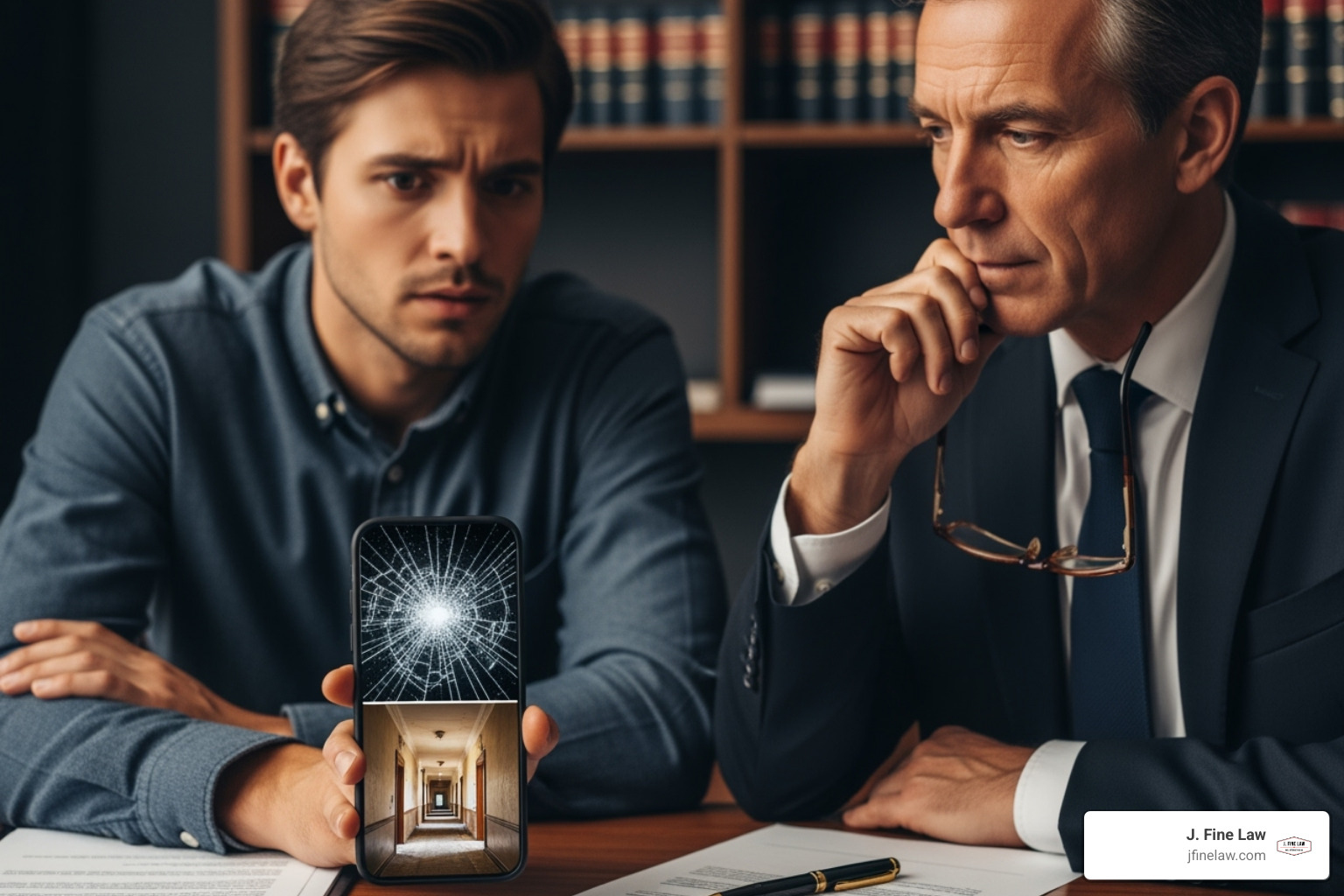 A person showing a lawyer photos of a broken window and dimly lit hallway on their phone - landlord responsibility security