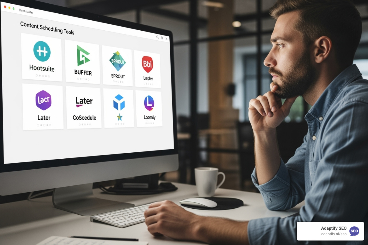 person looking thoughtfully at a screen displaying logos of different scheduling tools - Automated content scheduling