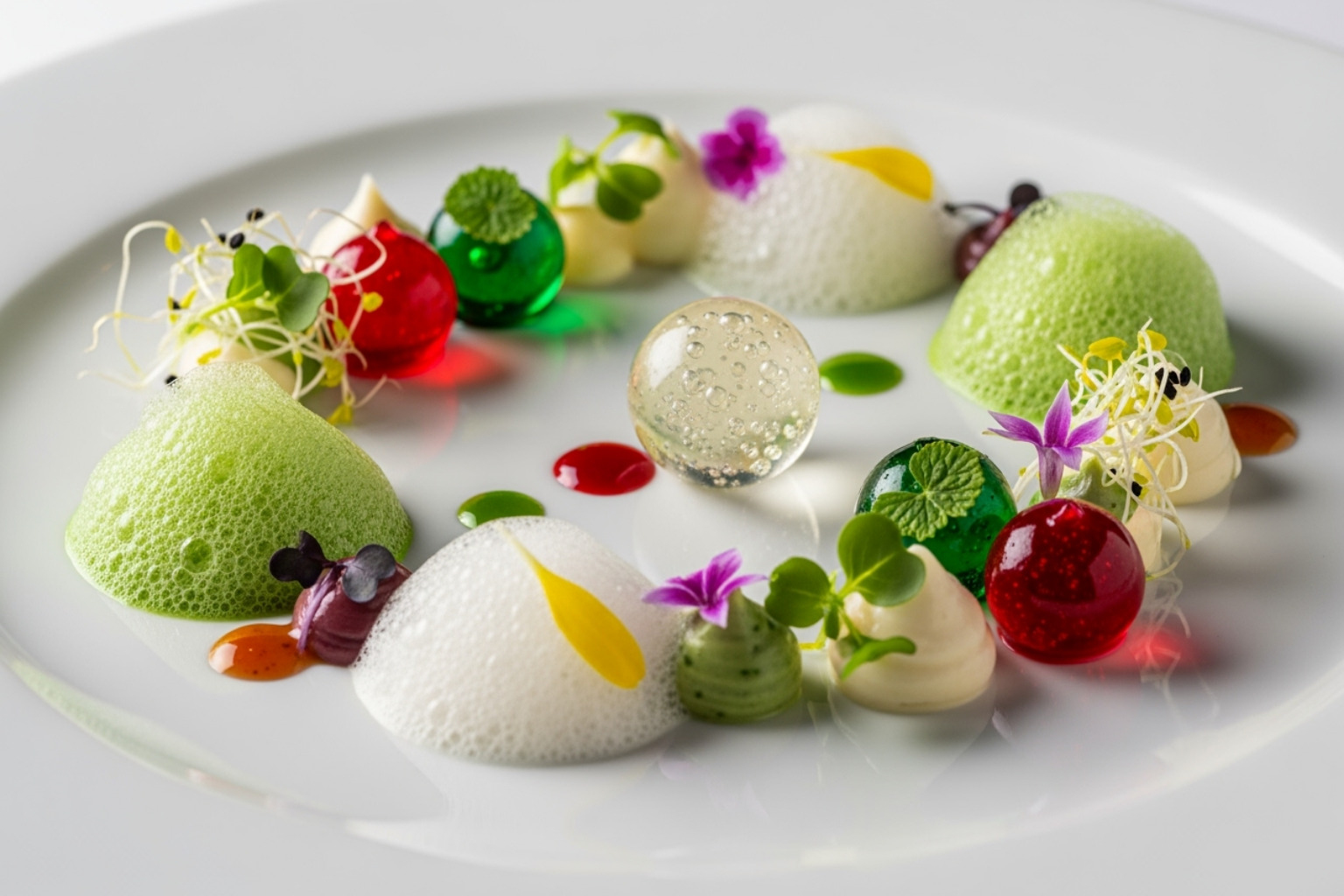 beautifully plated molecular gastronomy dish with spheres and foam - Flensutenol Texture