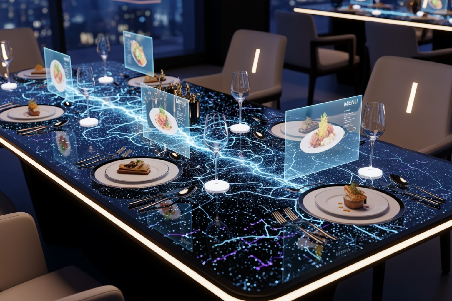 futuristic dining setting with interactive table surfaces - Flensutenol Texture