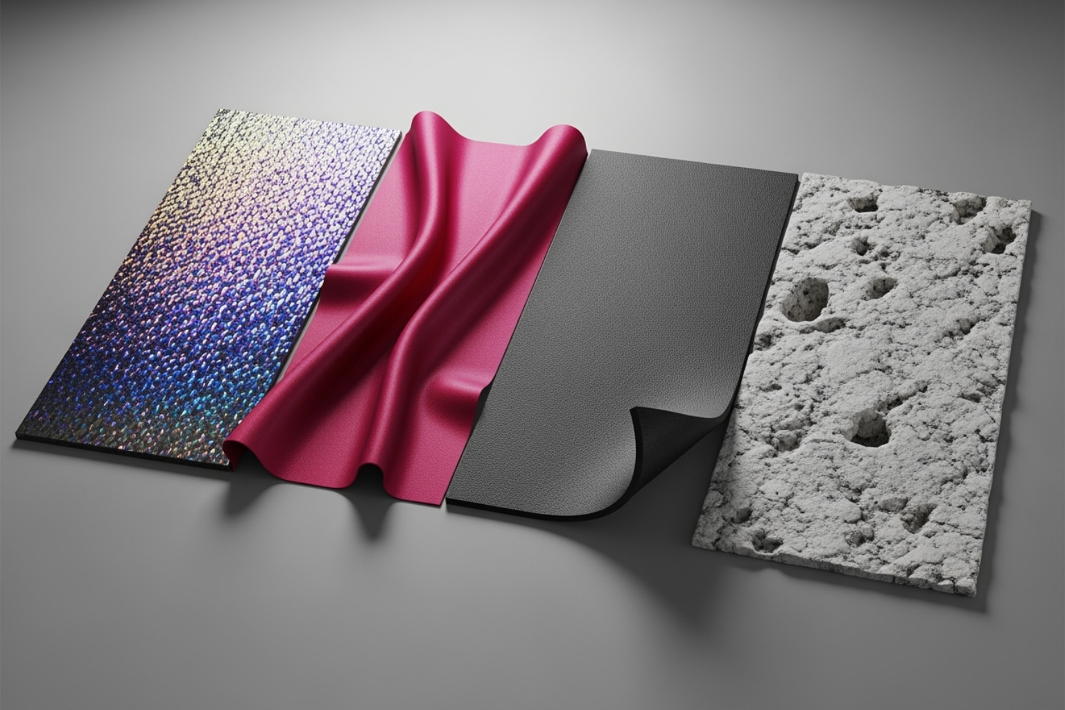 conceptual Flensutenol surface compared to real-world textures like silk, rubber, and stone - Flensutenol Texture