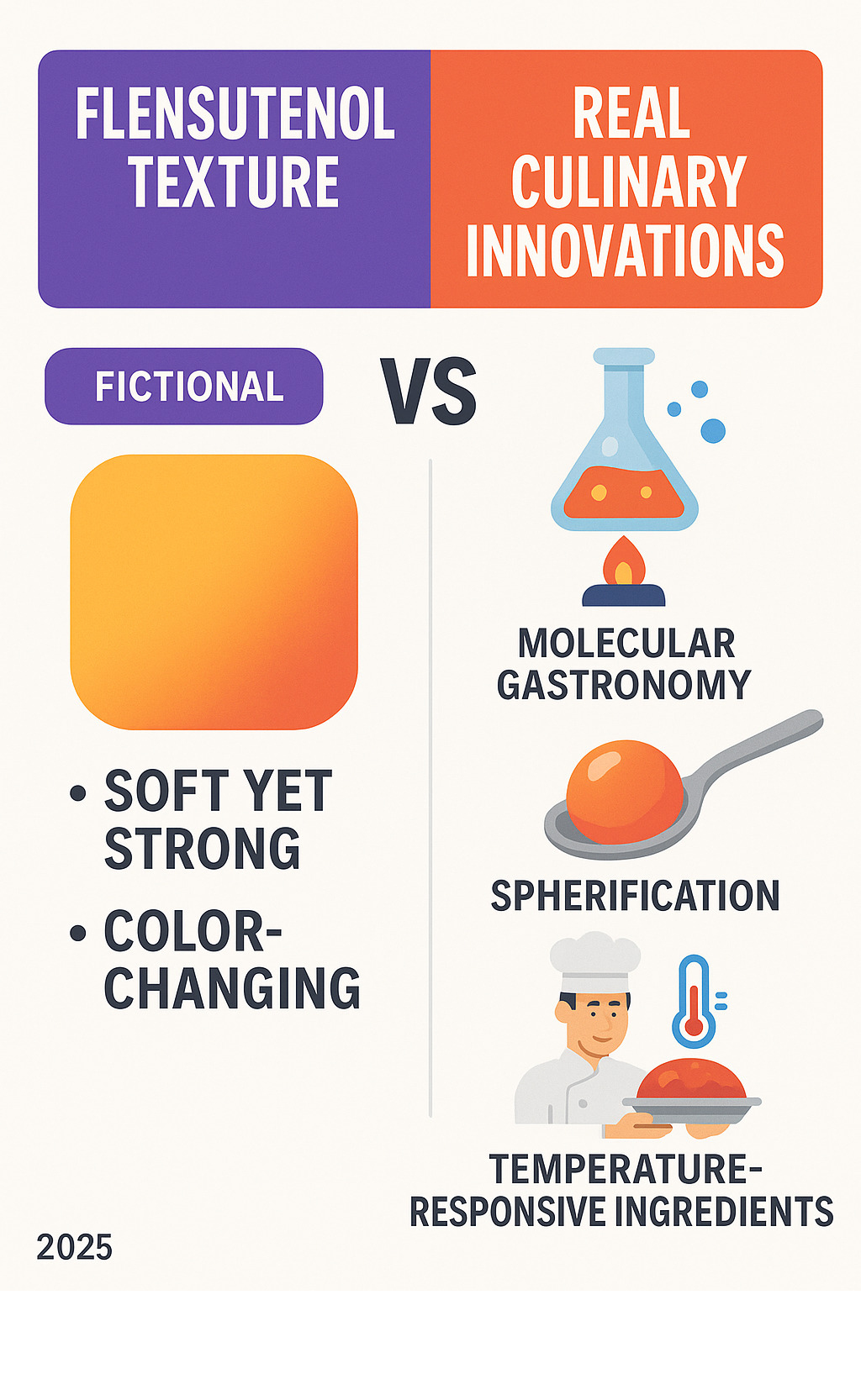 Infographic showing Flensutenol Texture as a fictional concept on the left with properties like "soft yet strong" and "color-changing", versus real culinary innovations on the right including molecular gastronomy techniques, spherification, and temperature-responsive ingredients used by actual chefs - Flensutenol Texture infographic 