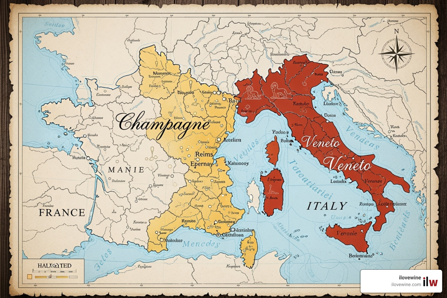 Map highlighting the Champagne region in France and the Veneto region in Italy - prosecco vs champagne