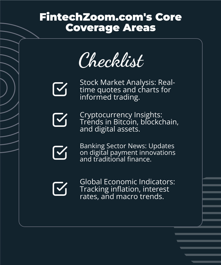 Infographic showing four key areas of the Fintechzoom.com economy: Stock Market Analysis, Cryptocurrency Insights, Banking Sector News, and Global Economic Indicators.