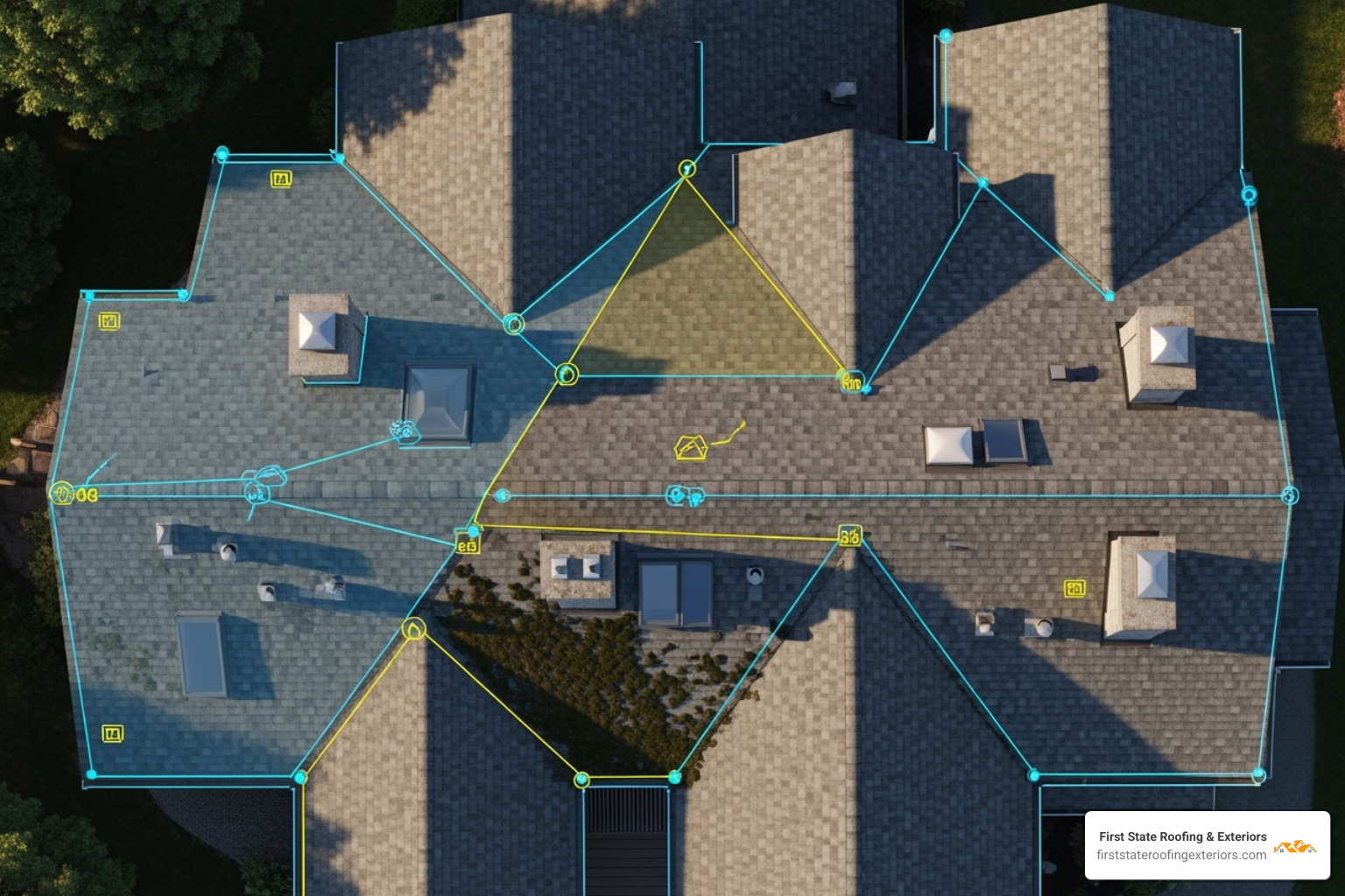 satellite view of a roof with measurement overlays - Free roof estimate
