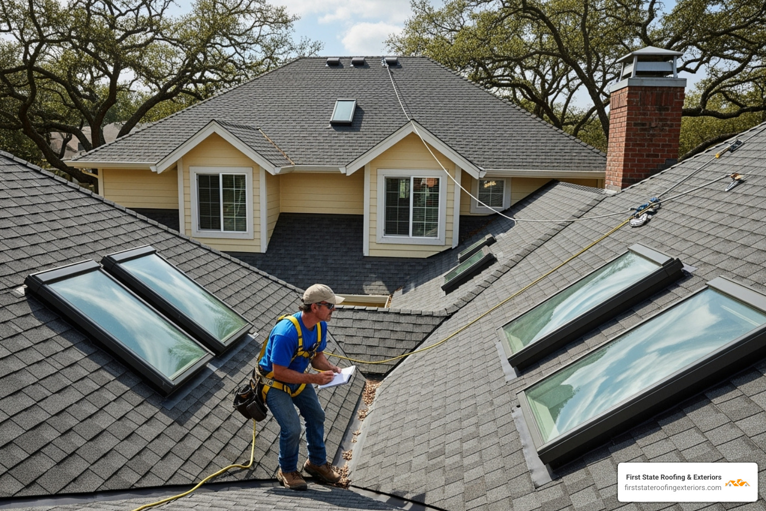 roofer inspecting a complex roof with a chimney and skylights wearing a safety harness - Free roof estimate