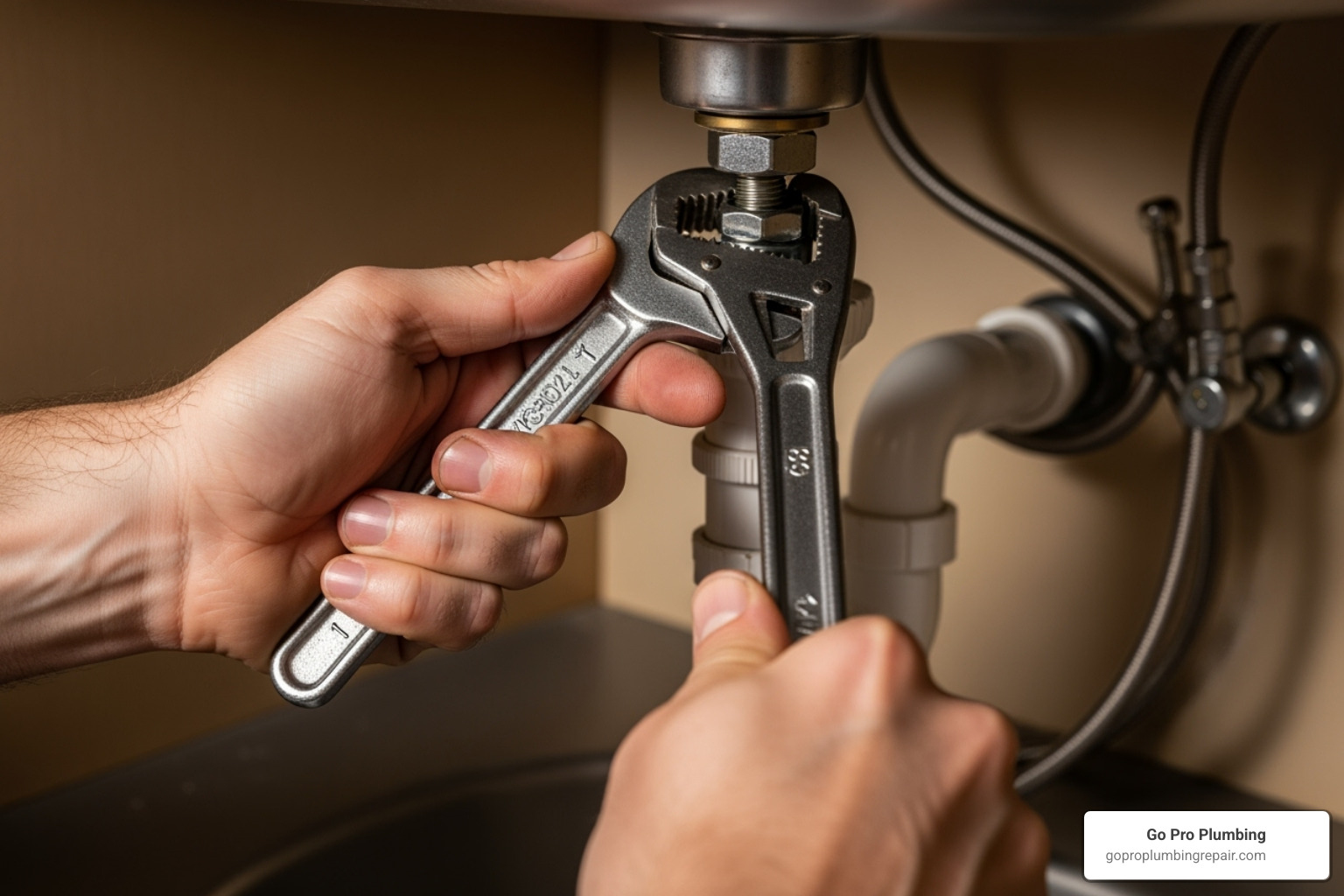 hands using a basin wrench under a sink - changing out bathroom sink faucet