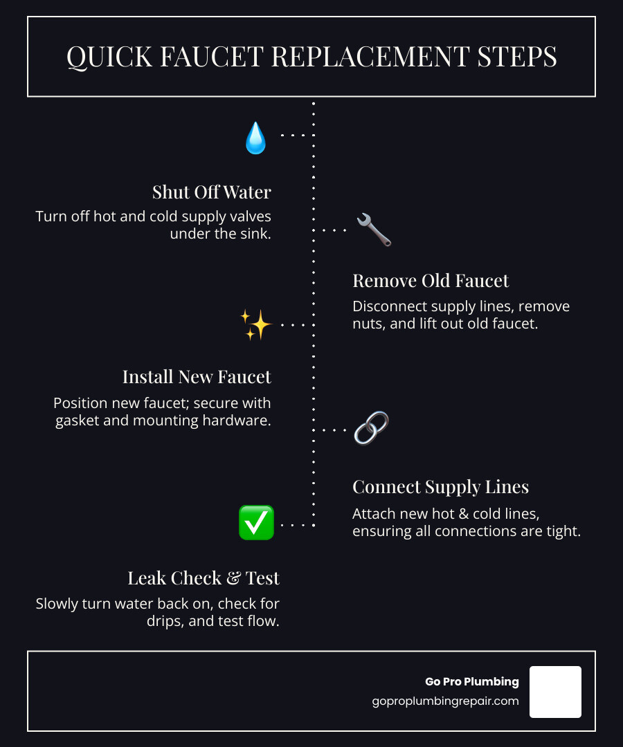 Detailed infographic showing bathroom faucet components including faucet body, mounting nuts, supply lines, shut-off valves, drain assembly, lift rod mechanism, and basin wrench positioning for installation - changing out bathroom sink faucet infographic infographic-line-5-steps-dark
