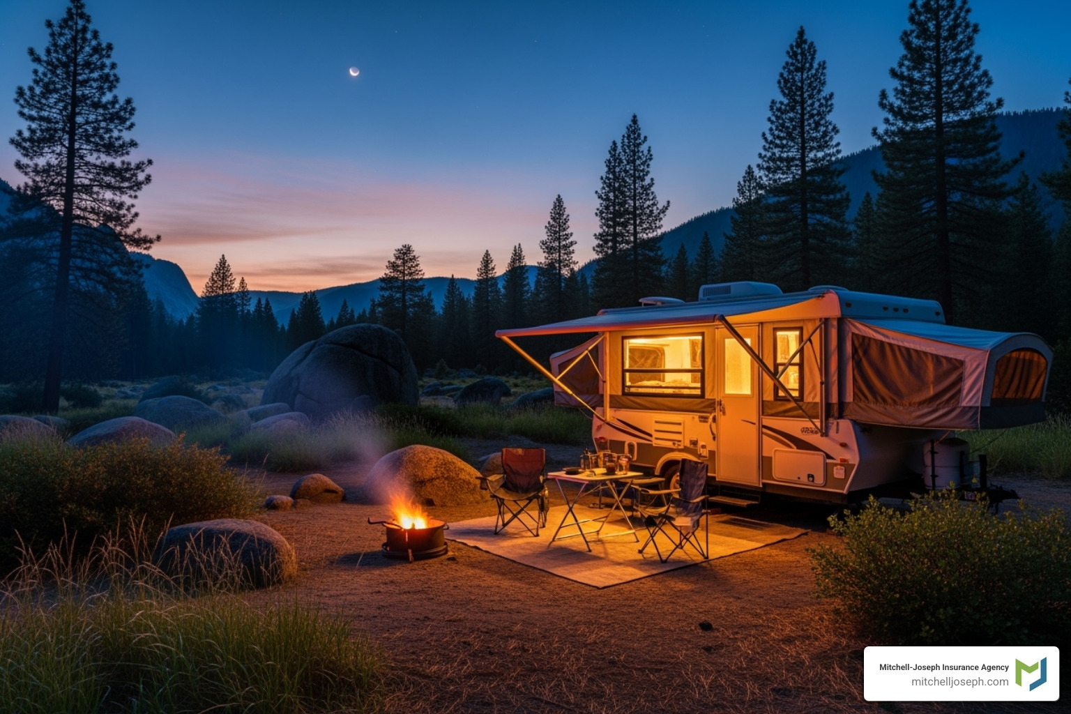 serene camping scene at dusk with a pop-up camper - do you have to insure a pop up camper
