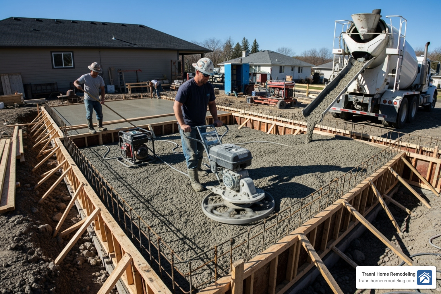 Concrete foundation being poured for a garage addition - 3rd car garage addition
