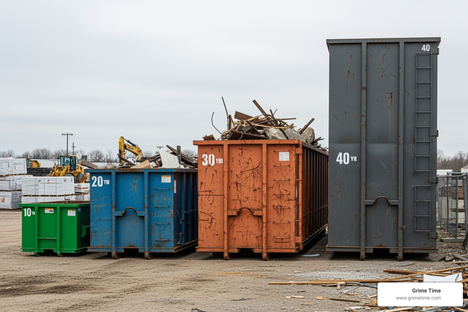 Different sized dumpsters lined up - Dumpster rental San Marcos