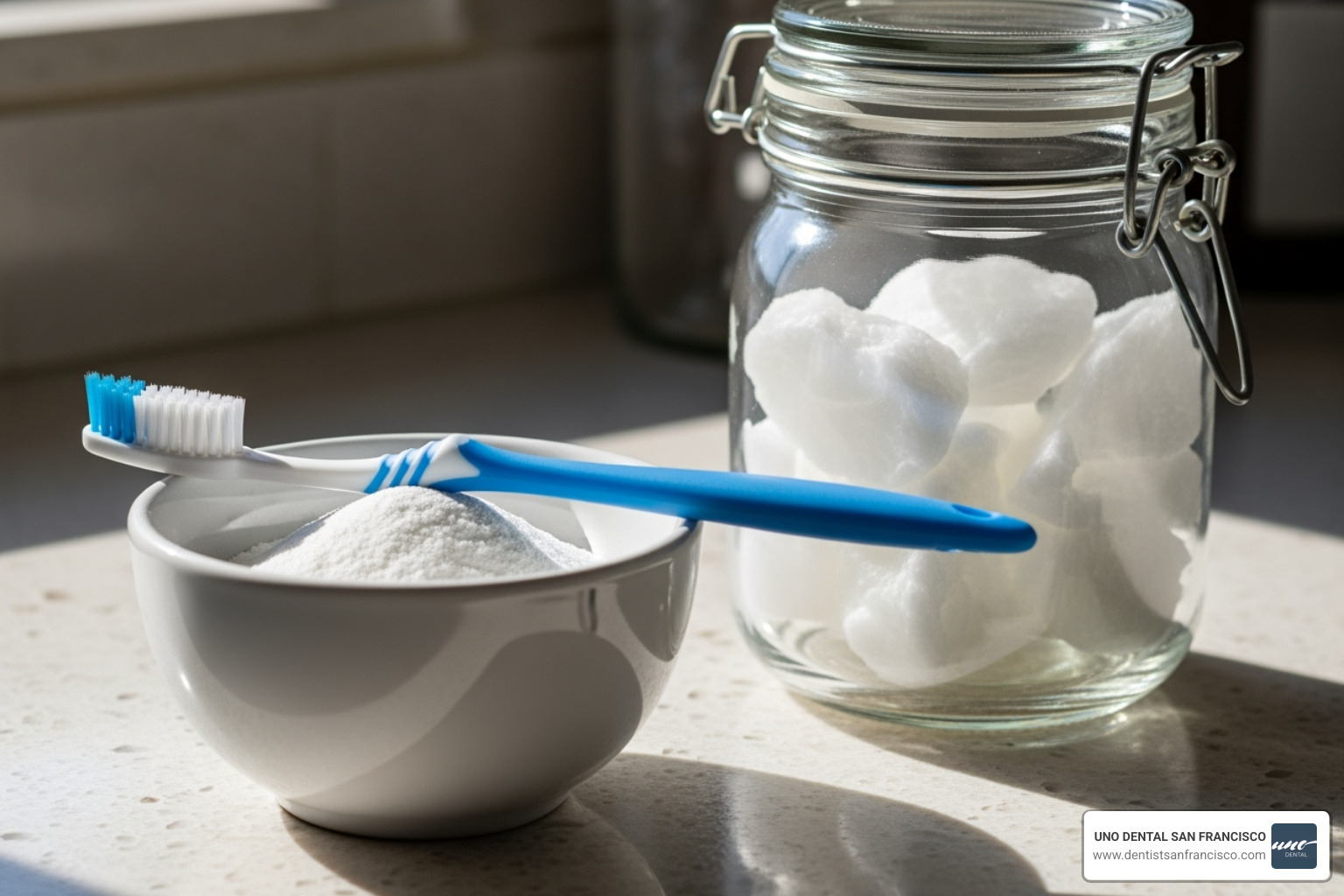 of baking soda and coconut oil next to a toothbrush - dental whitening at home