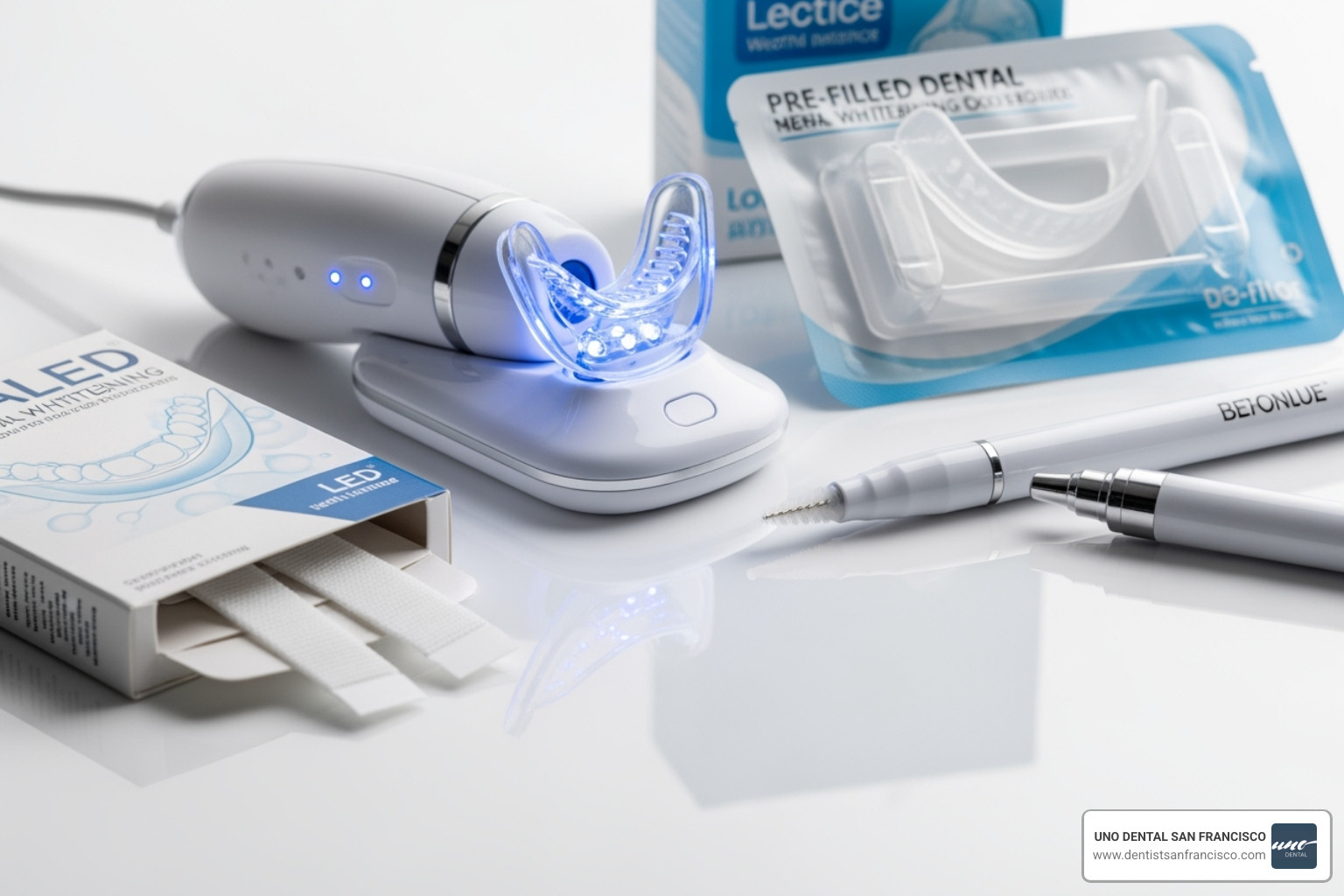 showcasing the different types of at-home whitening products - dental whitening at home