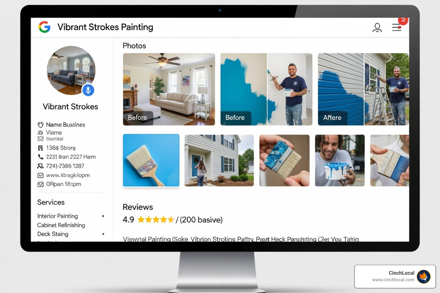 Fully optimized Google Business Profile on a desktop screen, showing photos, reviews, and business info in a vibrant color scheme - google local maps optimization