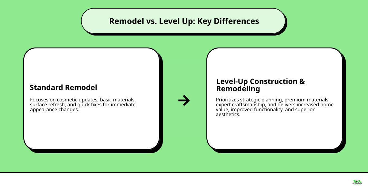Infographic showing the key differences between standard remodeling (basic materials, surface updates, quick fixes) versus level-up construction and remodeling (premium materials, strategic planning, expert craftsmanship, increased home value, improved functionality, superior aesthetics) - level up construction & remodeling infographic cause_effect_text Infographic showing the key differences between standard remodeling (basic materials, surface updates, quick fixes) versus level-up construction and remodeling (premium materials, strategic planning, expert craftsmanship, increased home value, improved functionality, superior aesthetics) - level up construction & remodeling infographic cause_effect_text