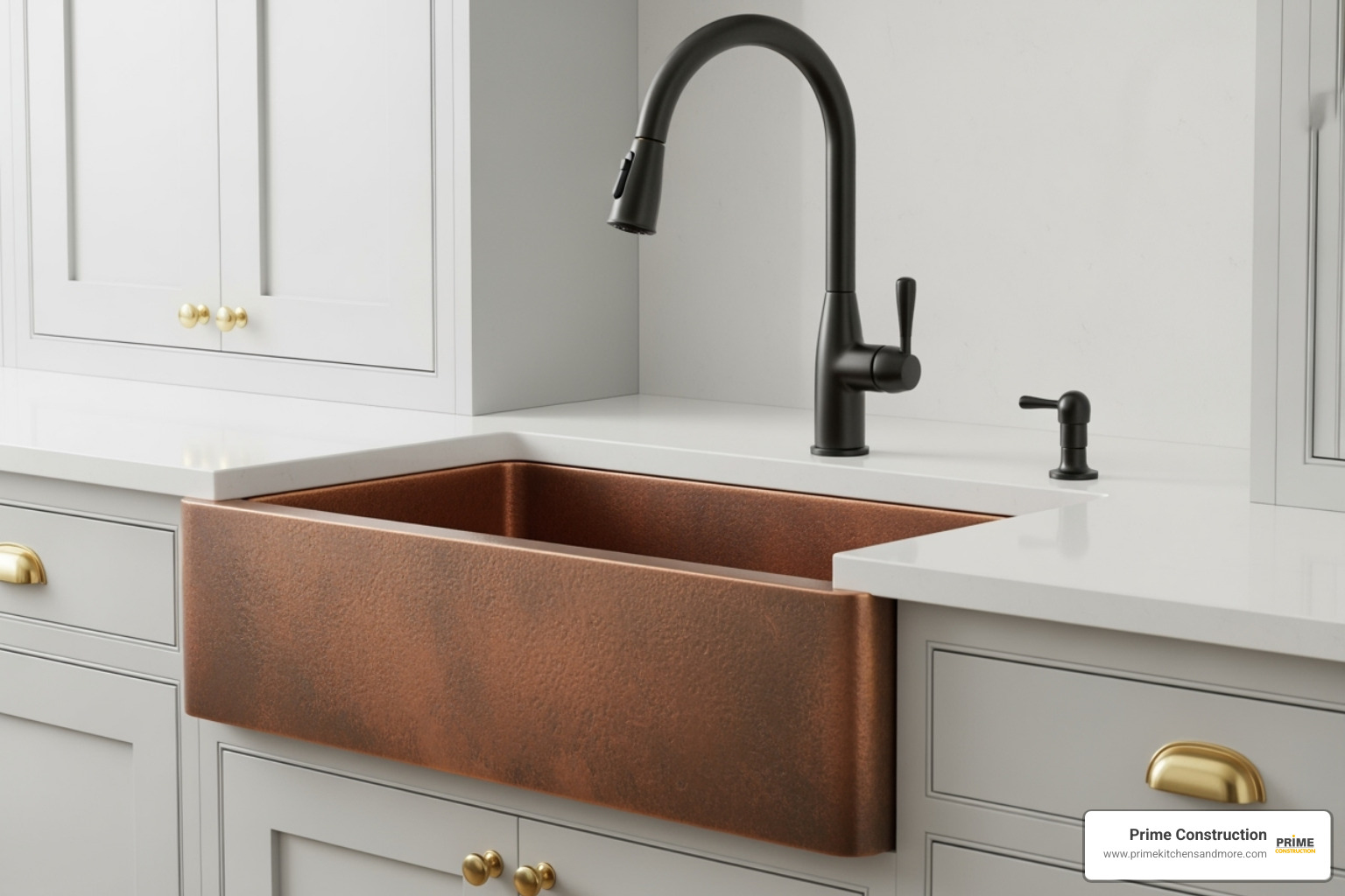 Image of a copper farmhouse sink with a matte black gooseneck faucet and brass cabinet pulls - High-end kitchen finishes