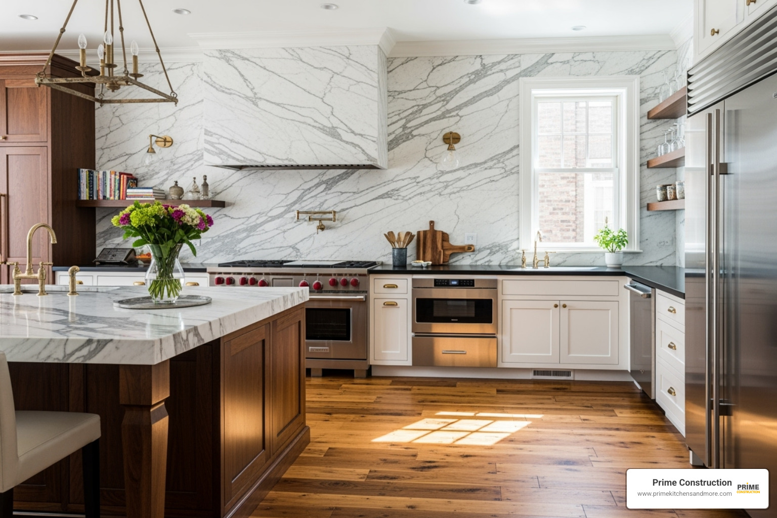 Image of a kitchen with authentic hardwood floors and a floor-to-ceiling marble slab backsplash - High-end kitchen finishes