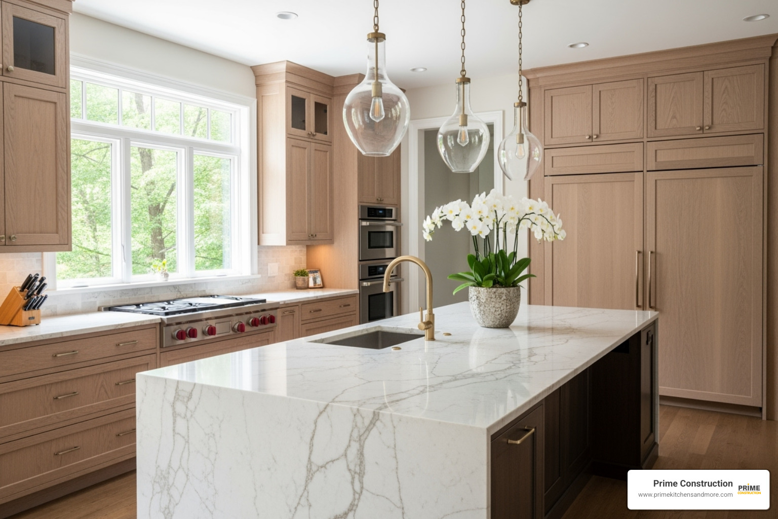 Image of custom white oak cabinetry paired with a dramatic quartzite countertop - High-end kitchen finishes