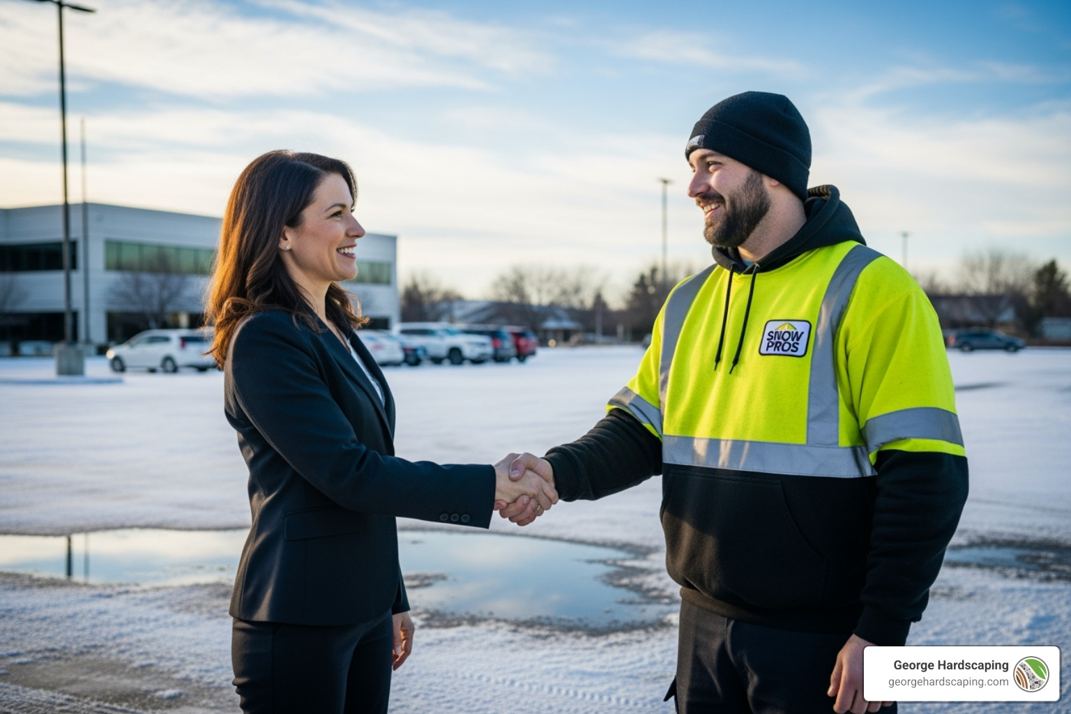 A property manager shaking hands with a uniformed snow removal professional in a clear, safe parking lot - commercial snow removal company