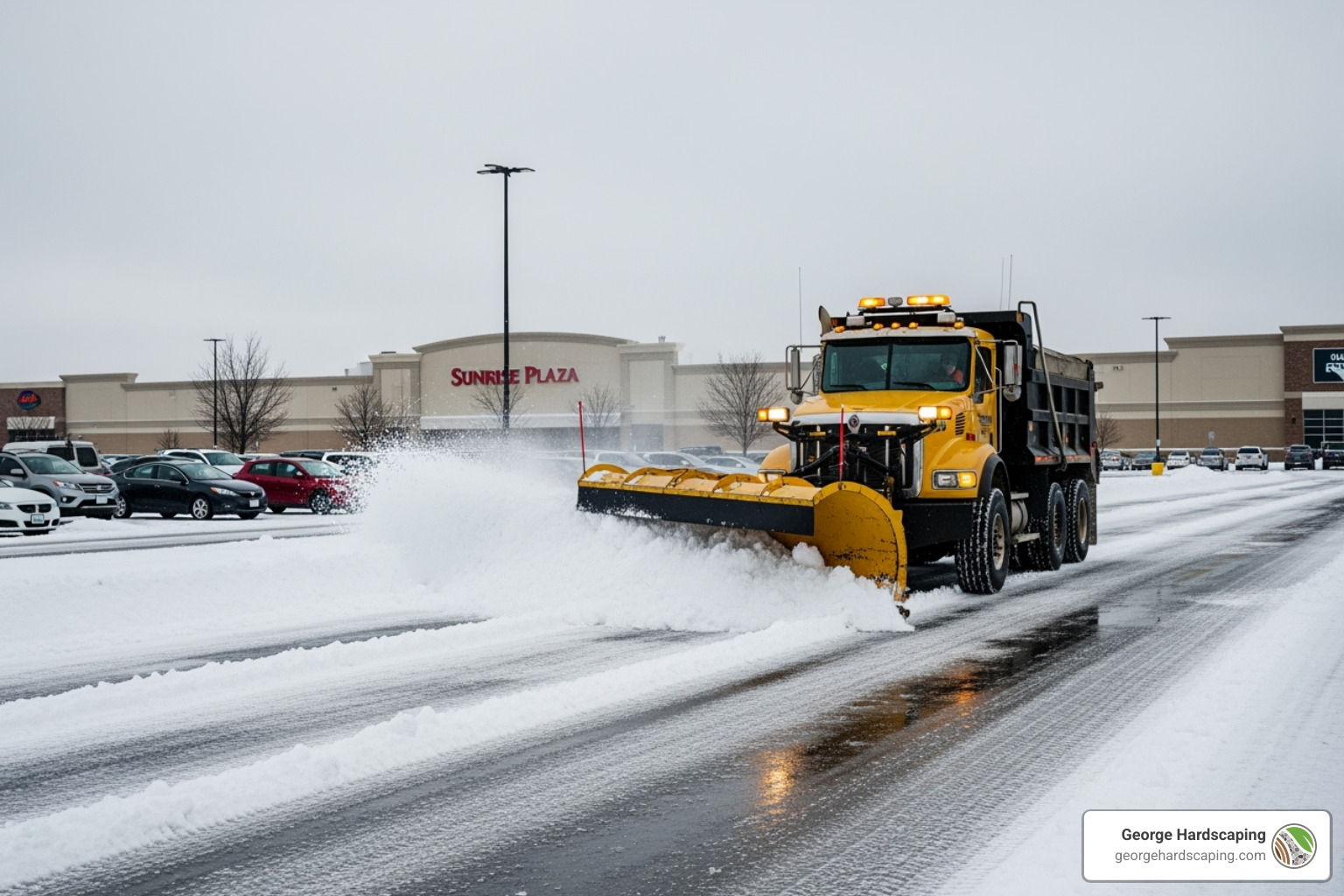 Snow removal equipment clearing a commercial parking lot in Rockport, MA - commercial snow removal company