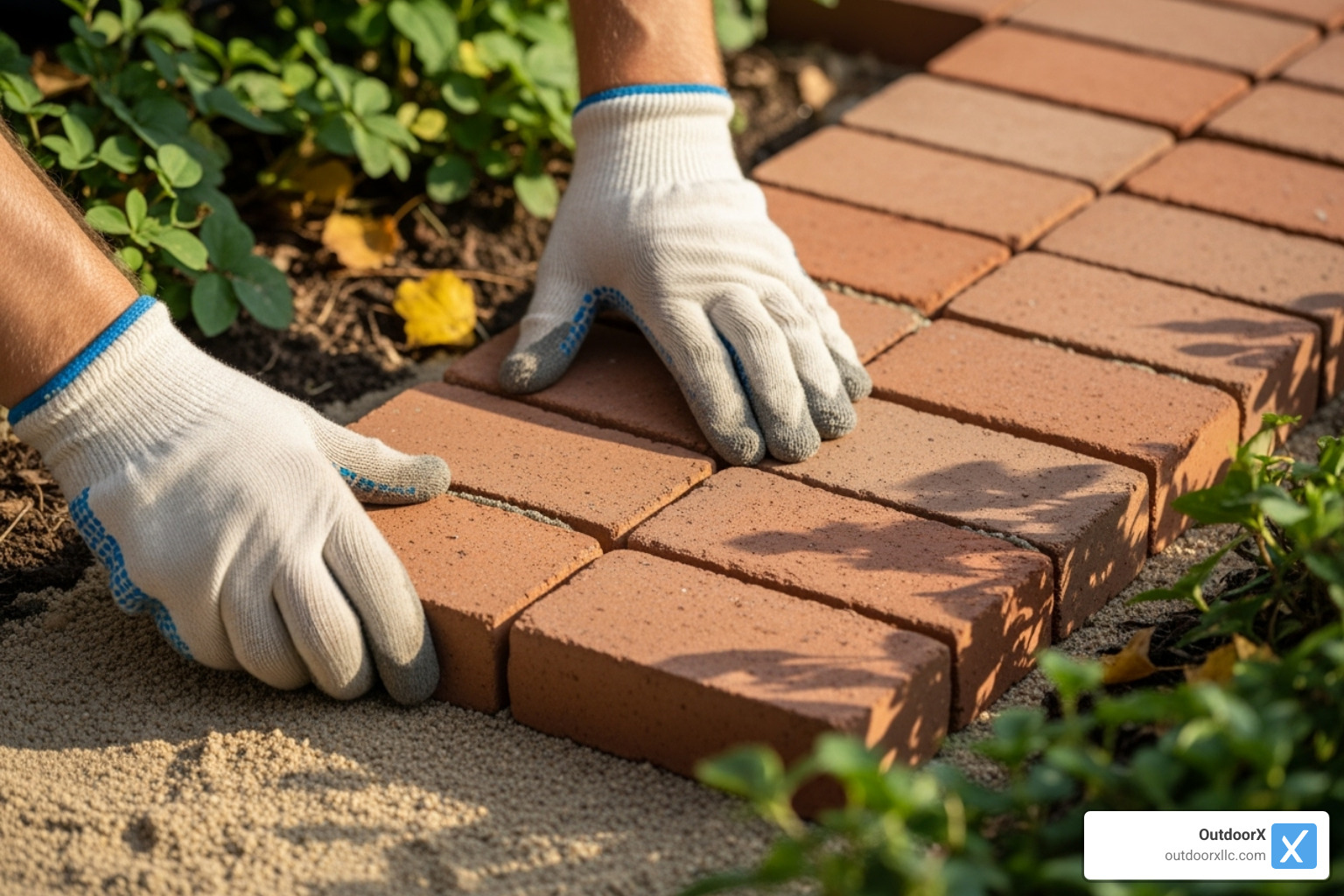 bricks being laid in a running bond pattern - build a brick walkway bricks being laid in a running bond pattern - build a brick walkway