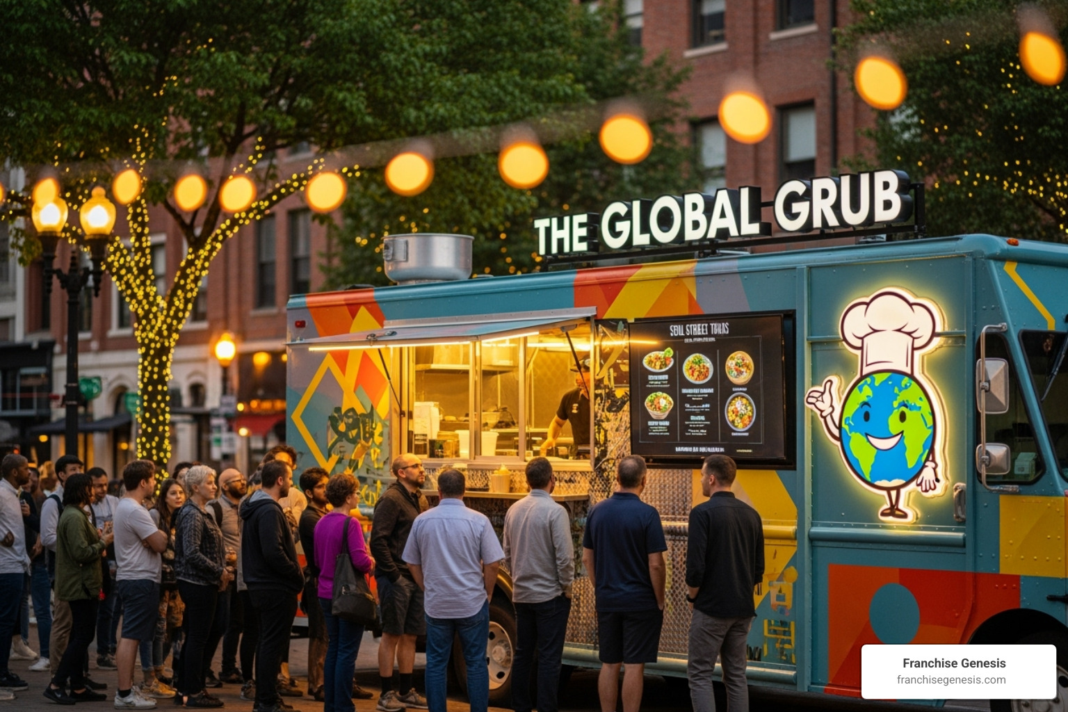A unique, well-branded food truck with a long line of customers, showcasing strong brand identity and customer appeal - Food truck franchising