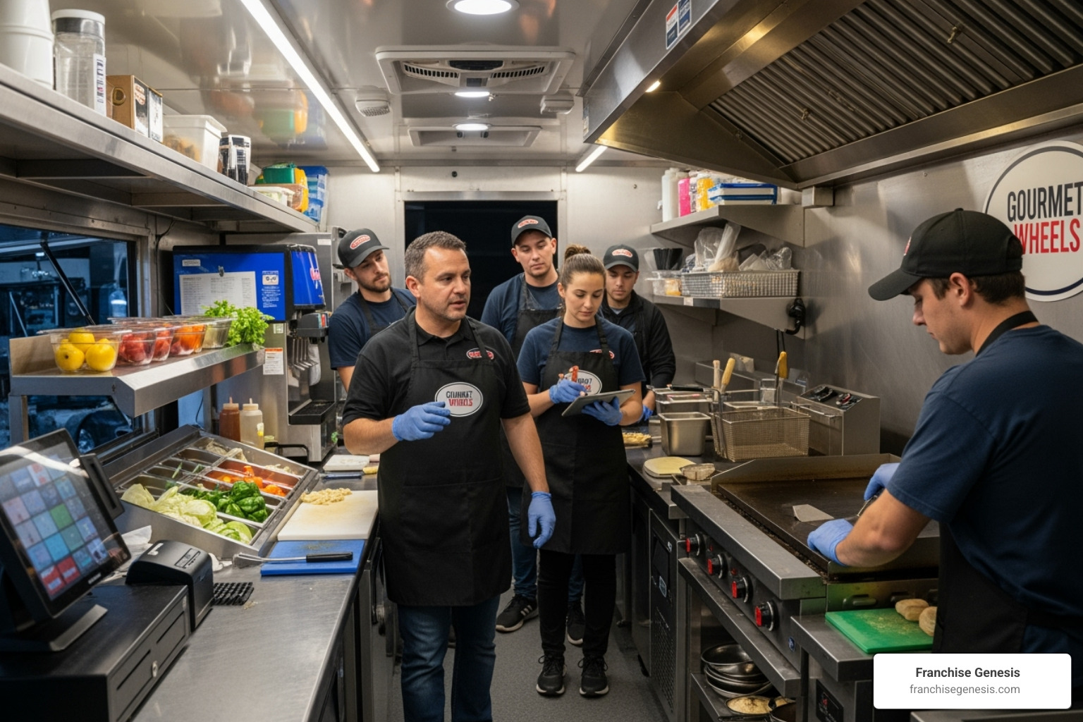 A training session for new food truck franchisees, showing hands-on instruction on equipment and operations, emphasizing comprehensive training and ongoing support - Food truck franchising