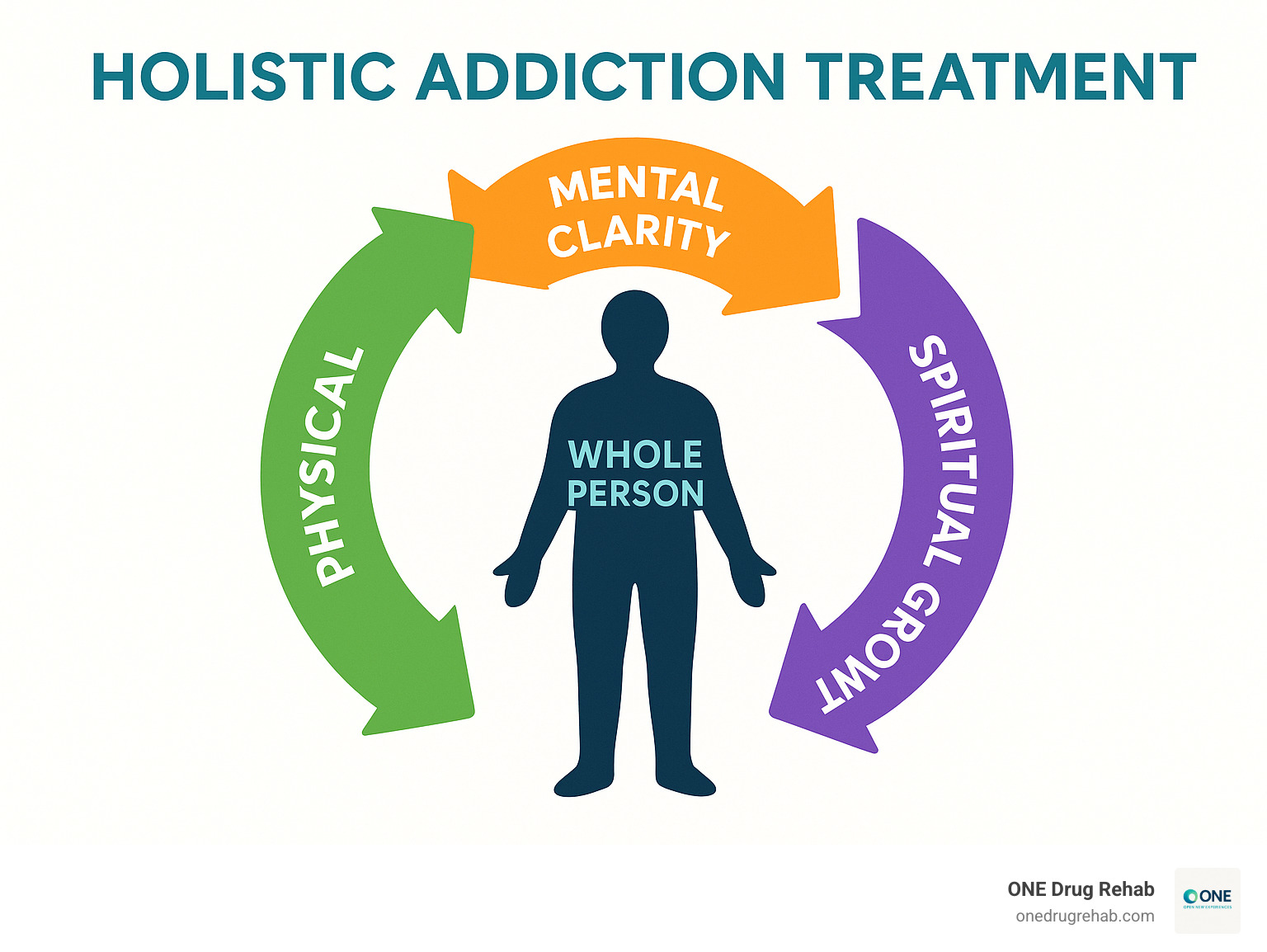 Infographic showing the interconnected relationship between mind, body, and spirit in holistic addiction treatment, with arrows connecting physical wellness, mental clarity, and spiritual growth around a central figure representing the whole person - holistic treatment center infographic 