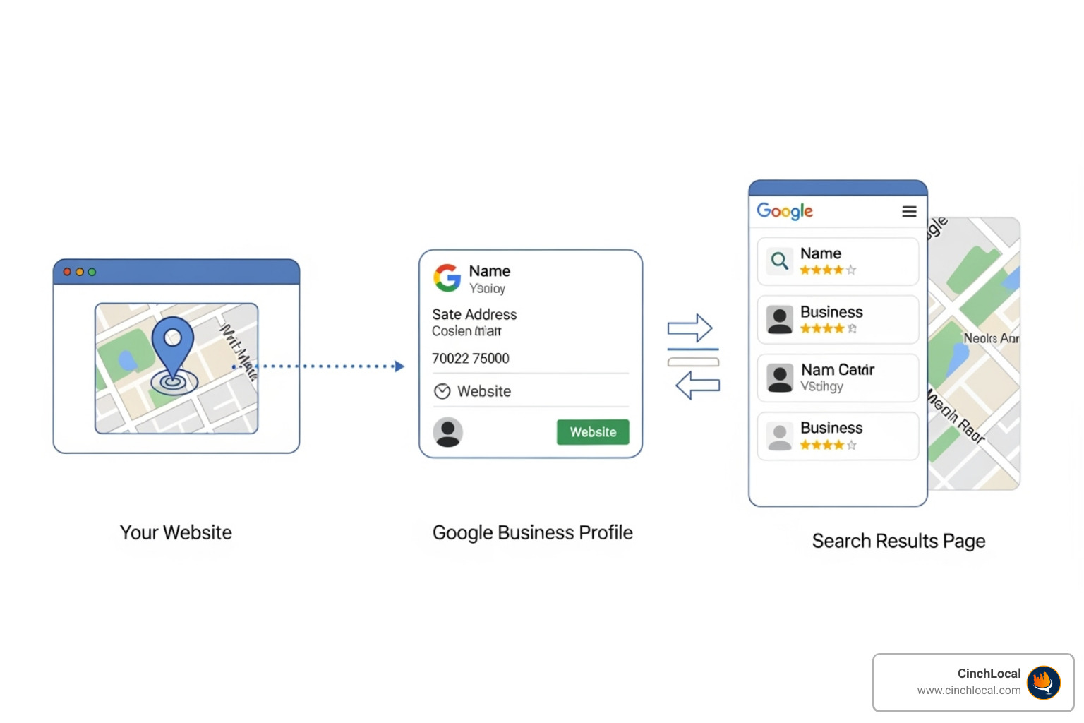 diagram showing the relationship between an embedded map, Google Business Profile, and local search results. - does embedding a google map on website help seo