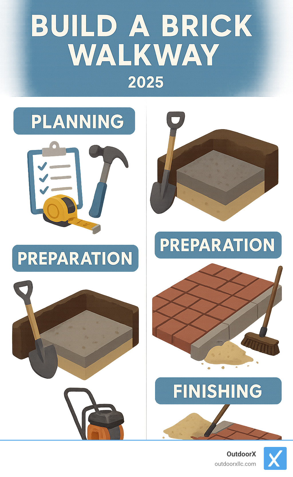 Infographic showing the 4 main stages of brick walkway construction: Planning stage with tools and materials checklist, Preparation stage showing excavation and base layers, Installation stage displaying brick laying patterns and edging, and Finishing stage with compaction and joint filling steps - build a brick walkway infographic Infographic showing the 4 main stages of brick walkway construction: Planning stage with tools and materials checklist, Preparation stage showing excavation and base layers, Installation stage displaying brick laying patterns and edging, and Finishing stage with compaction and joint filling steps - build a brick walkway infographic