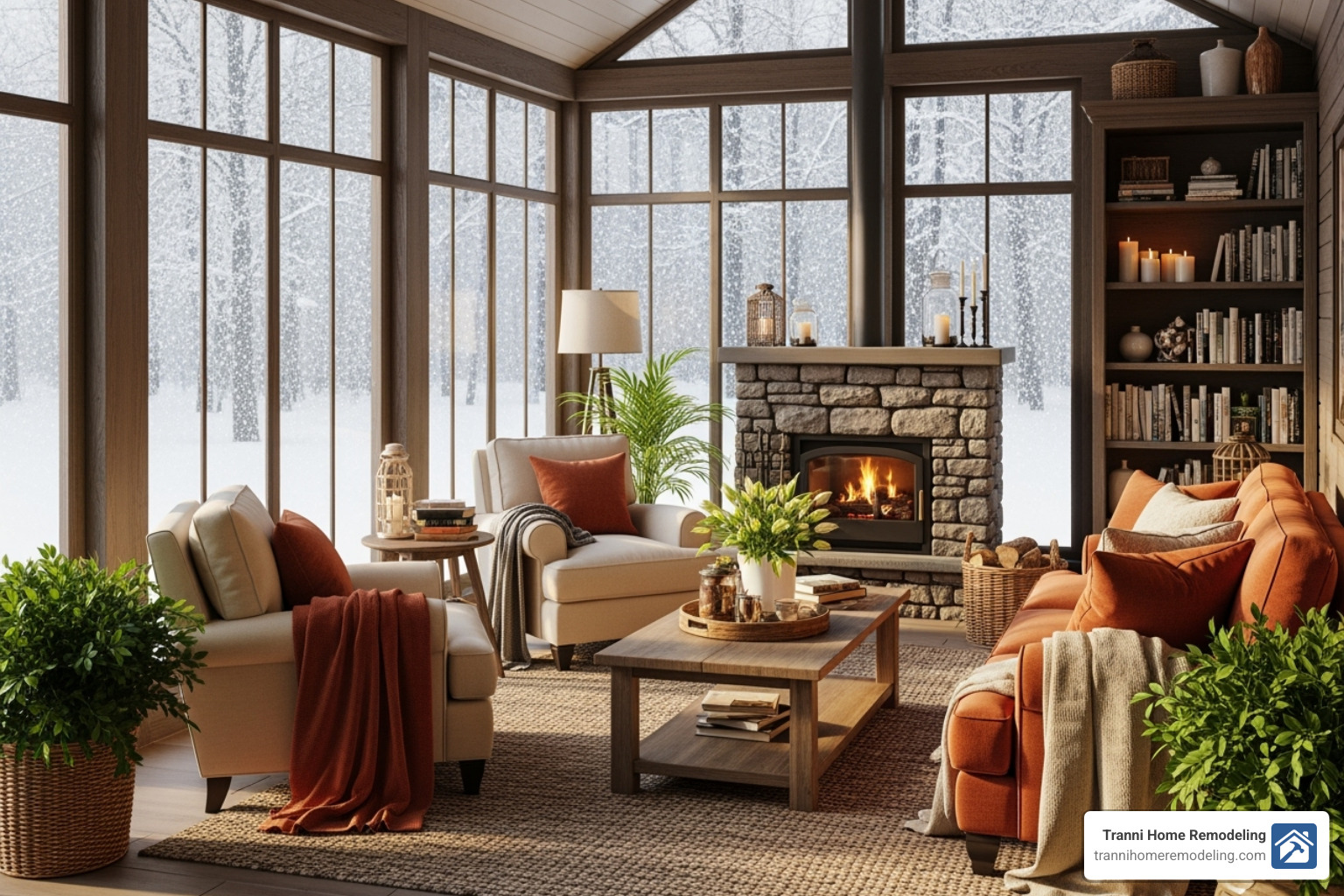 cozy four-season sunroom being used in the winter - sunroom addition contractors